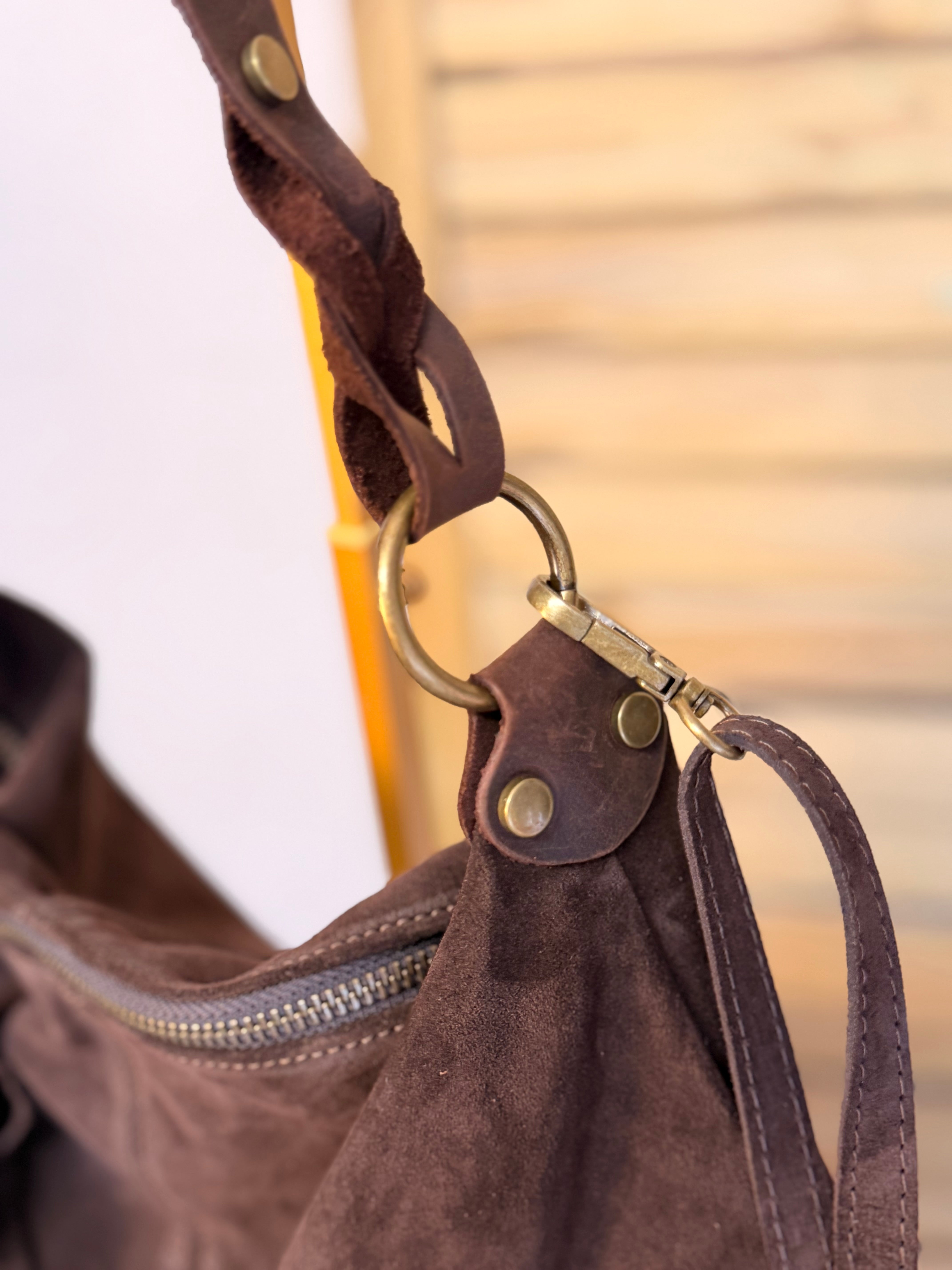 Sac hobo en cuir daim souple, double bandoulière ANDREW Chocolat