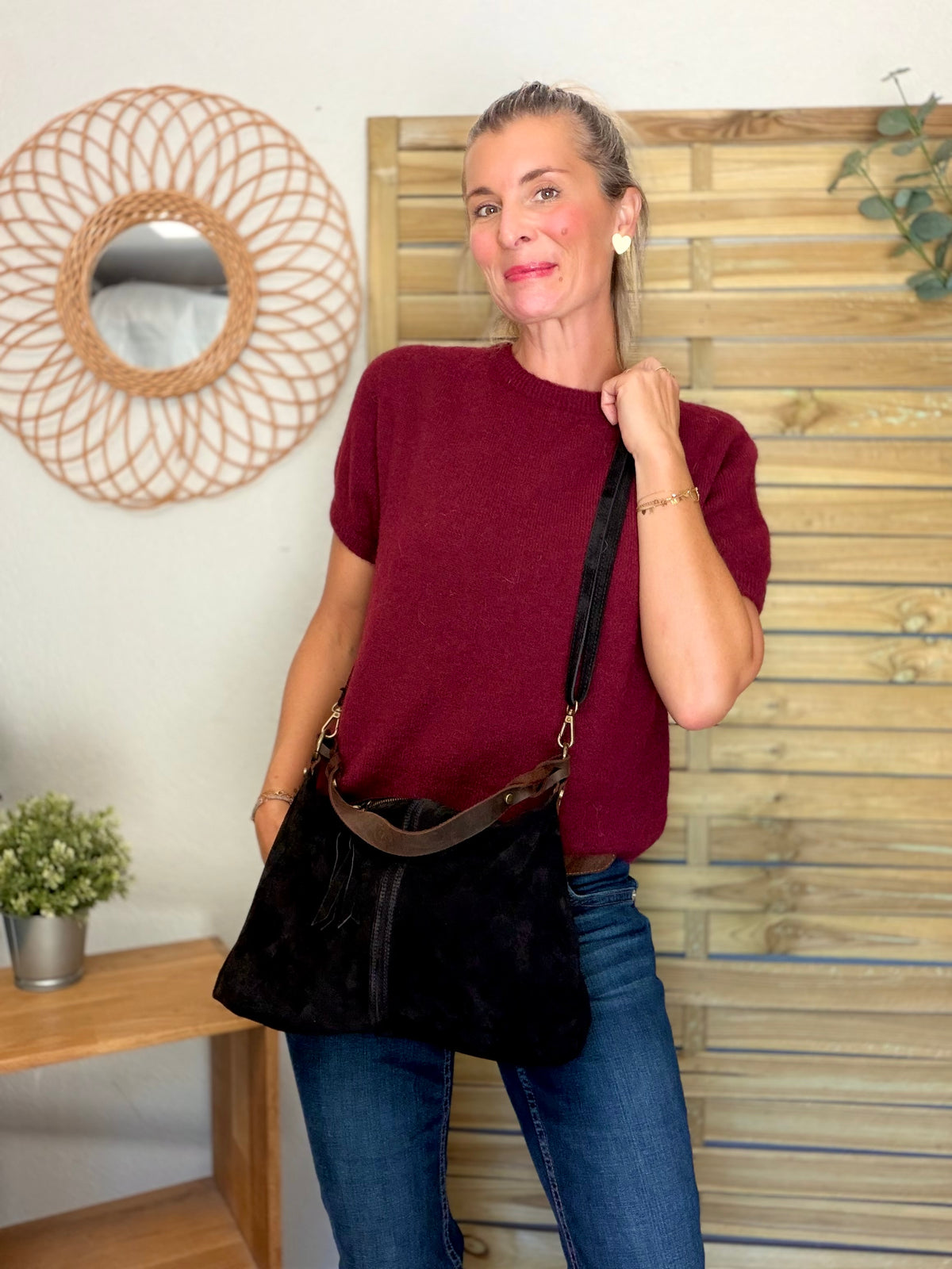 Sac hobo en cuir daim souple, double bandoulière ANDREW Noir