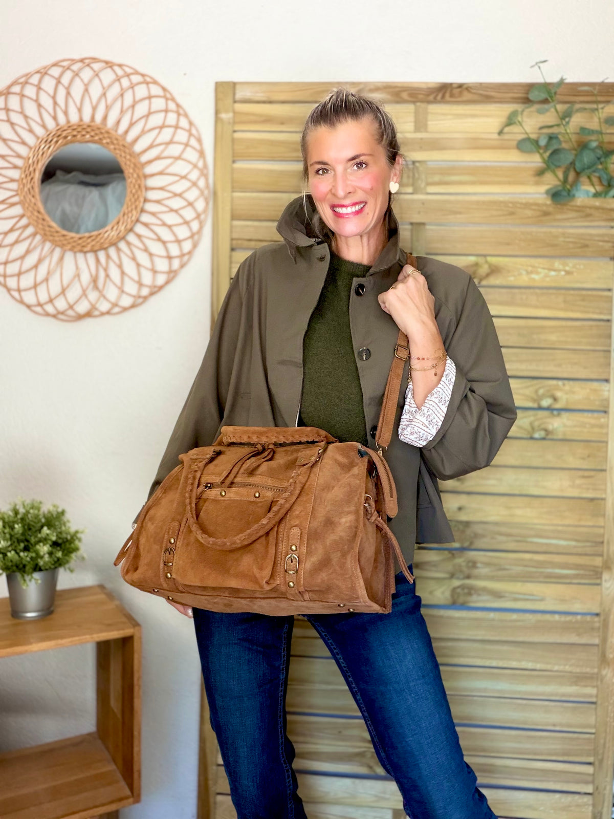 Sac cabas XL en cuir daim • HUNTER Camel