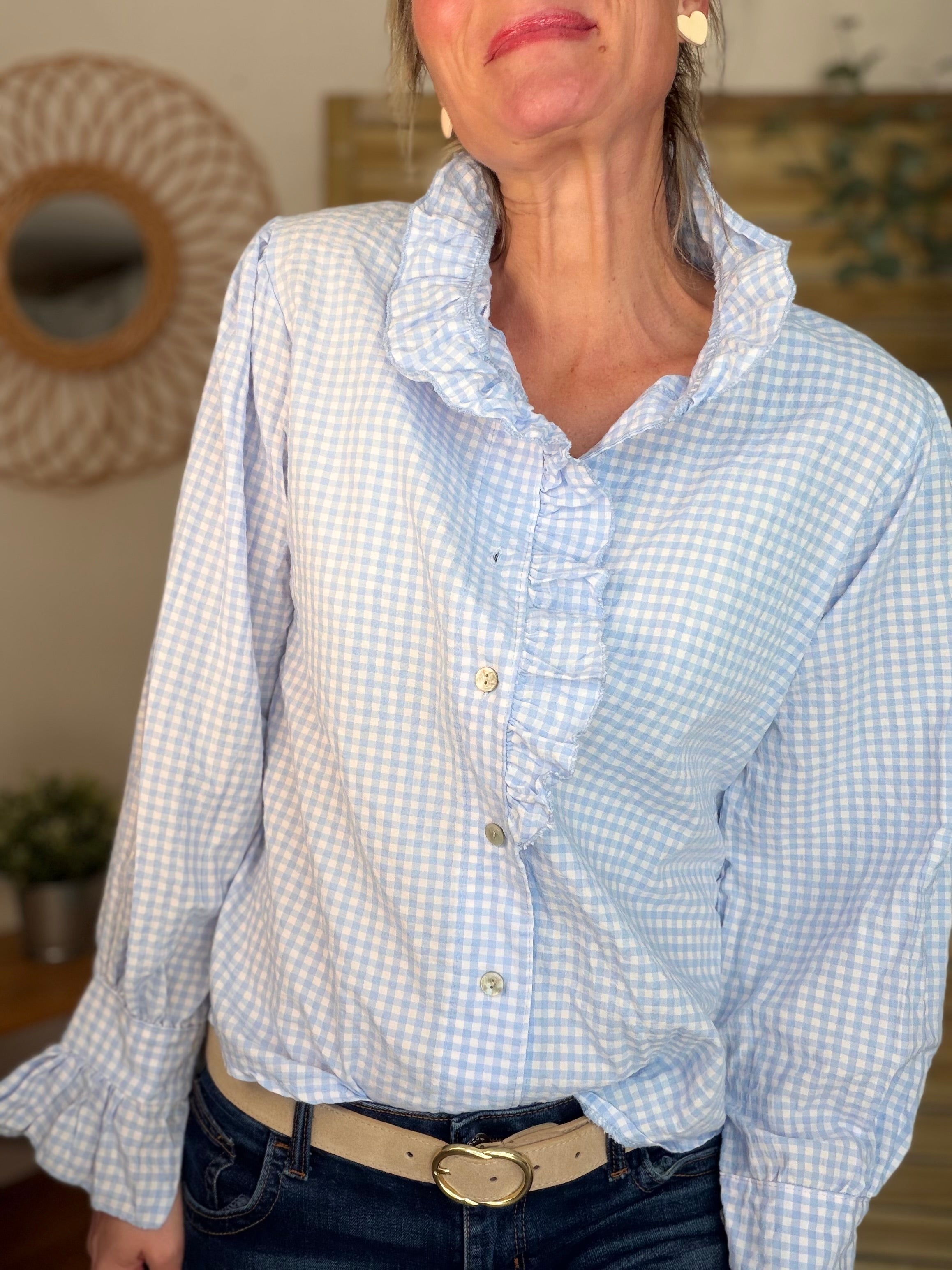 Chemise imprimée Vichy col volanté IRÈNE - Bleu ciel