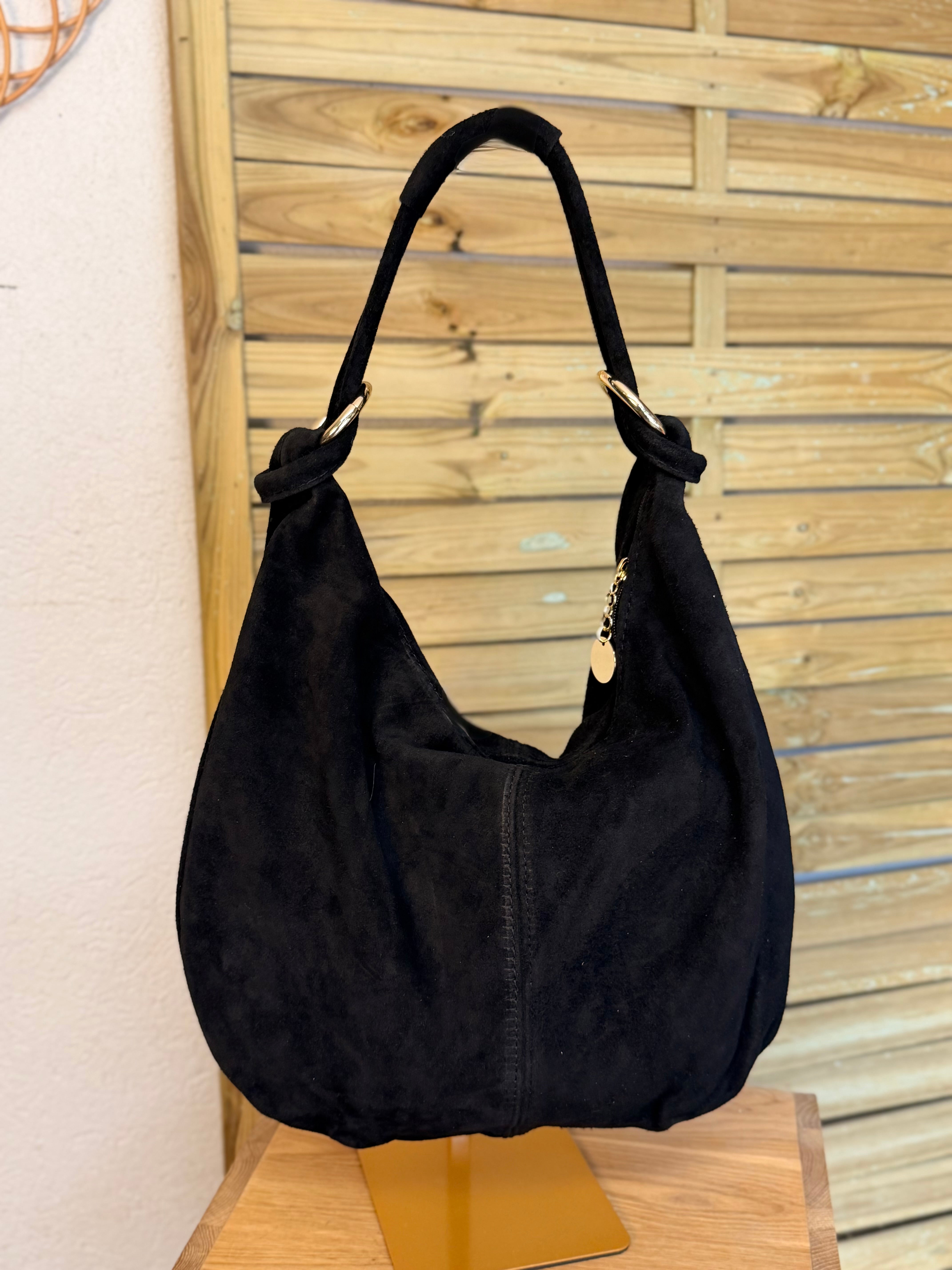 Sac besace hobo en cuir daim souple avec anneaux WILLIAM - Noir