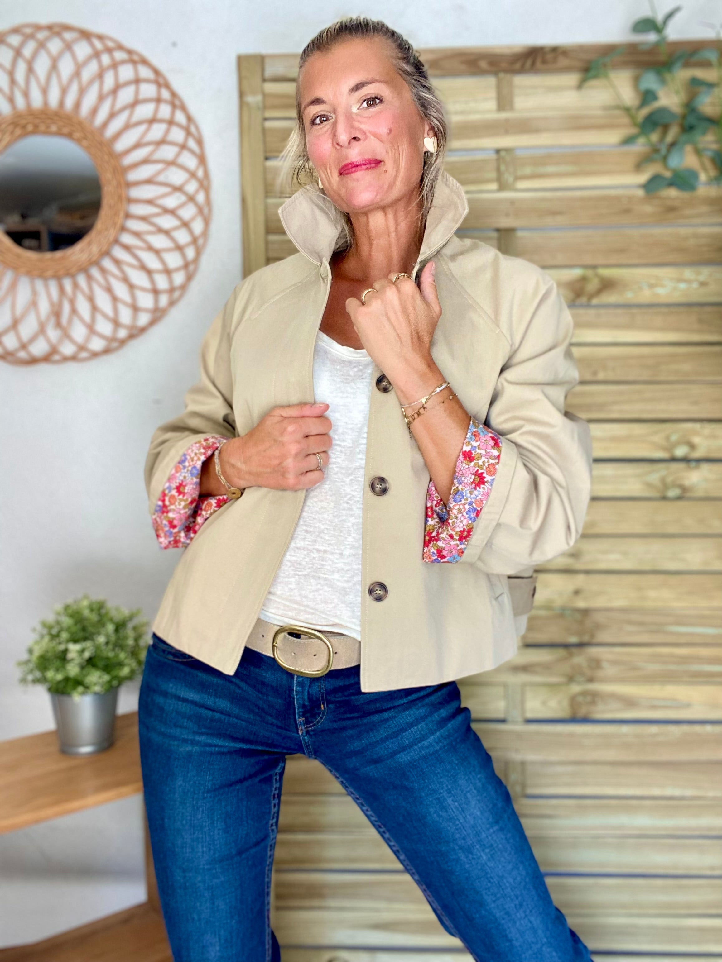 Veste Trench en coton beige avec Liberty - MAHAUT