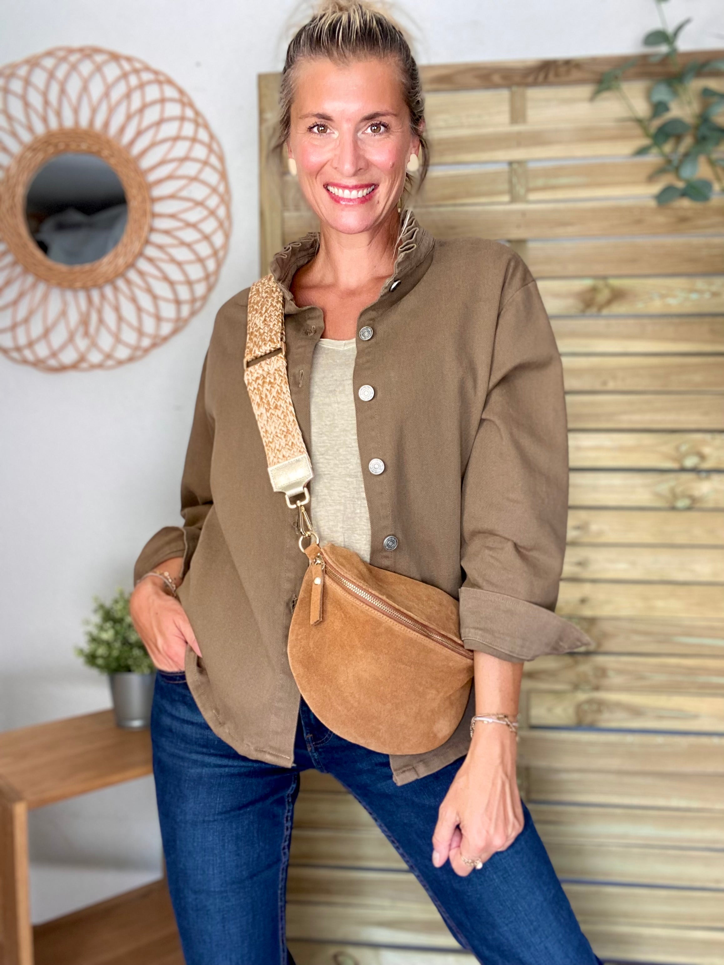 Veste / Chemise en coton, col volanté Camel foncé LISON