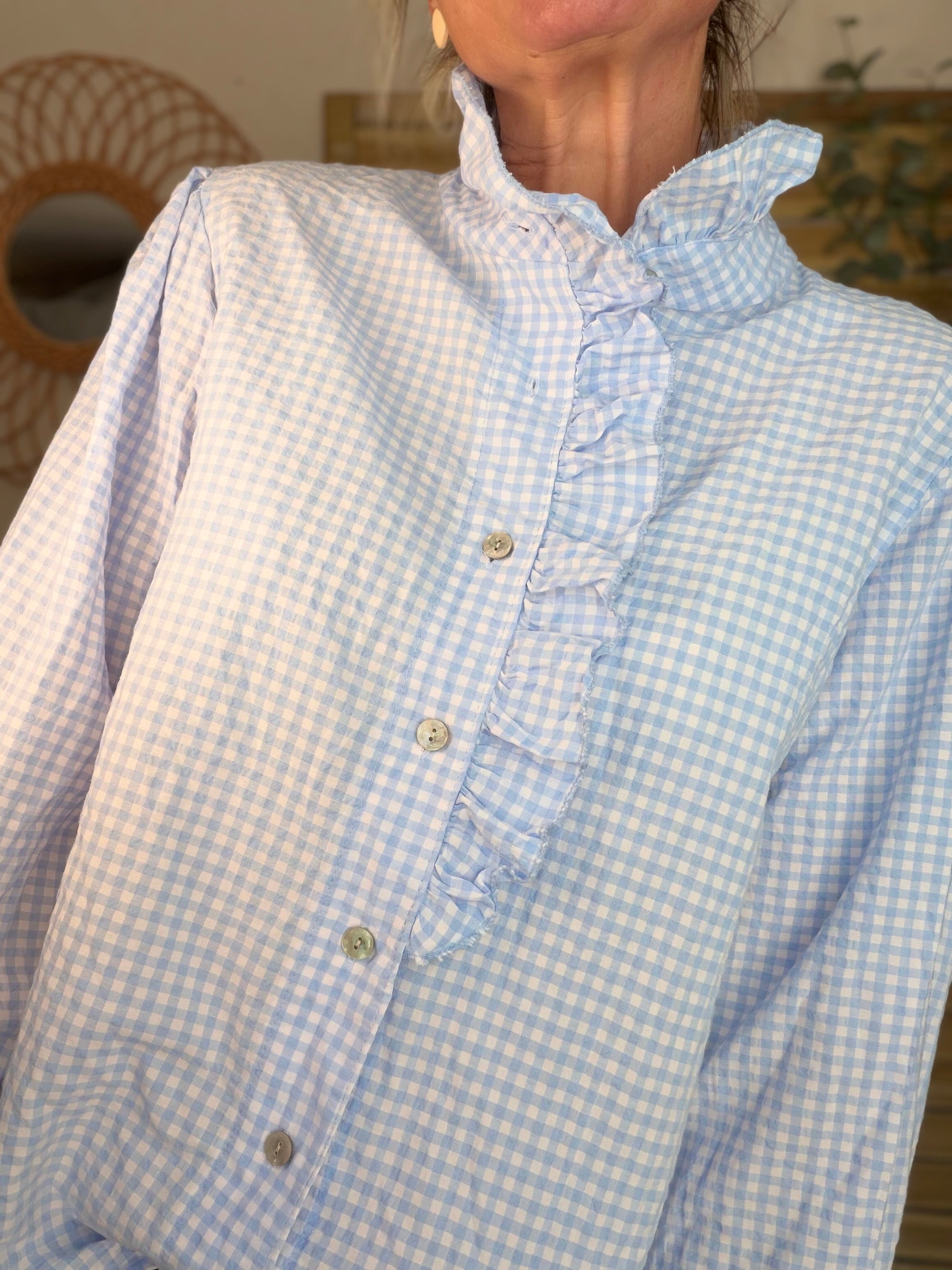 Chemise imprimée Vichy col volanté IRÈNE - Bleu ciel
