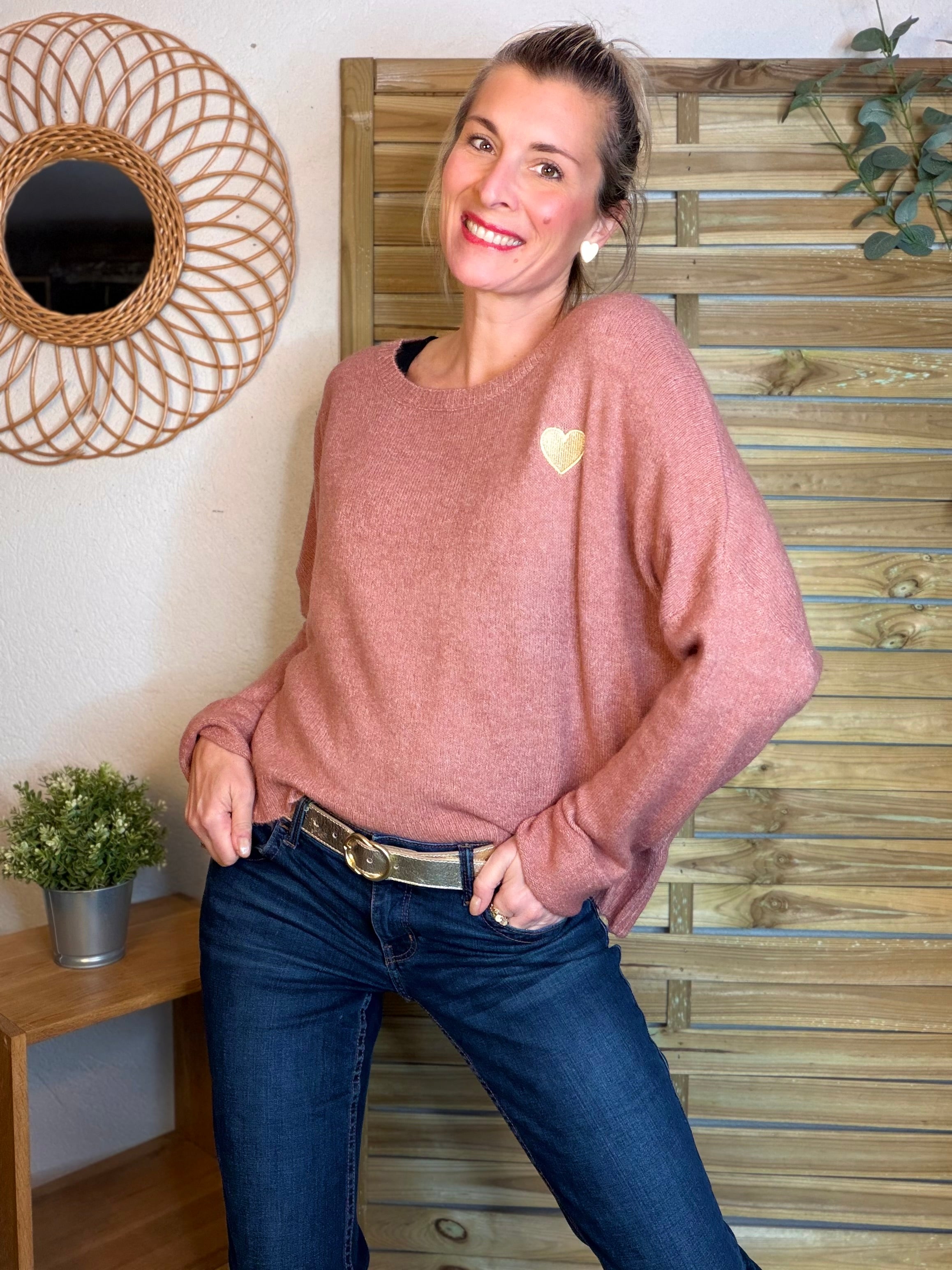 Pull léger en maille cœur doré brodé 💛 MELISSA - Vieux rose