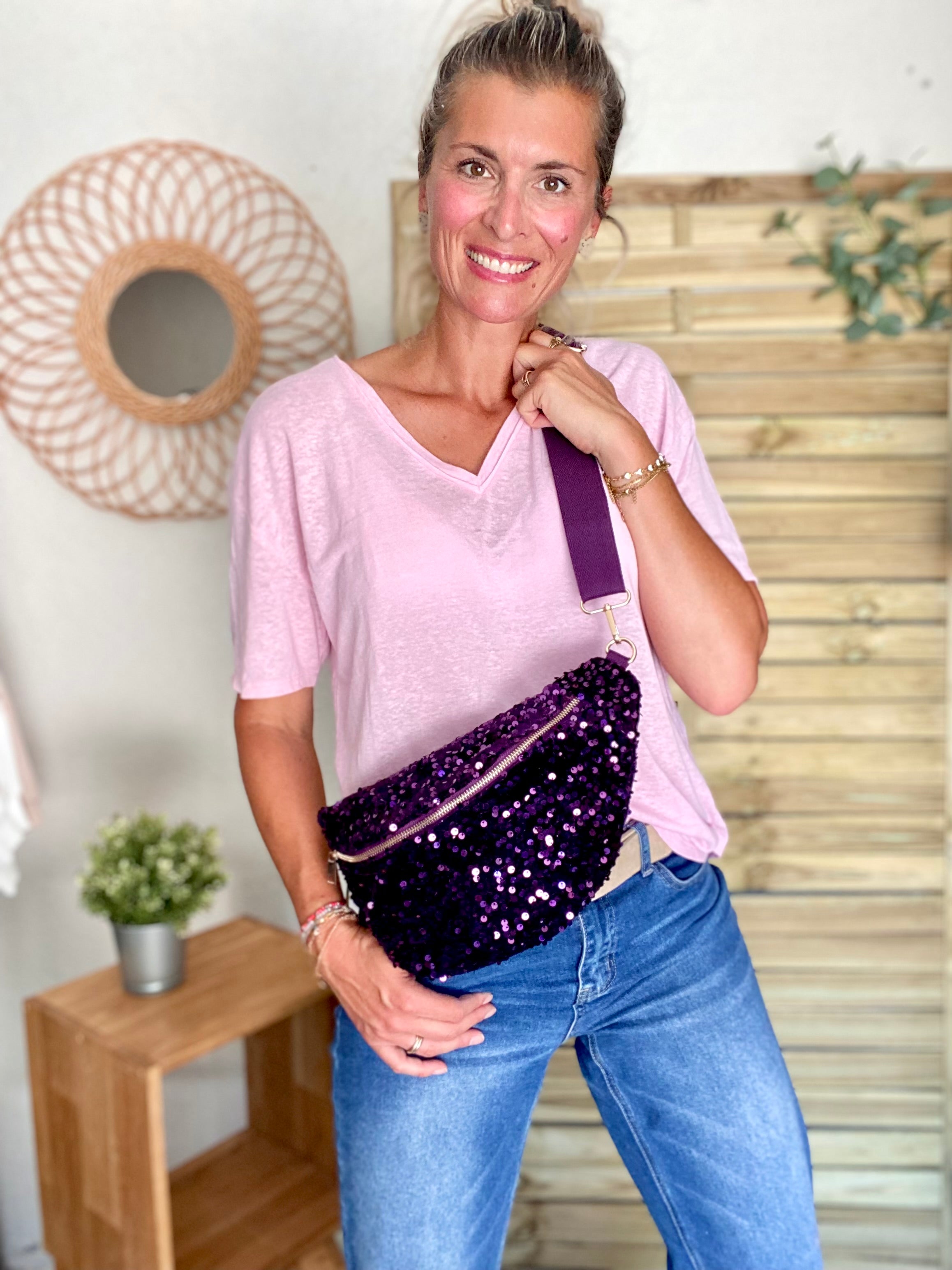 Sac banane L velours à sequins Ciao Boum- TAYLOR - Violet