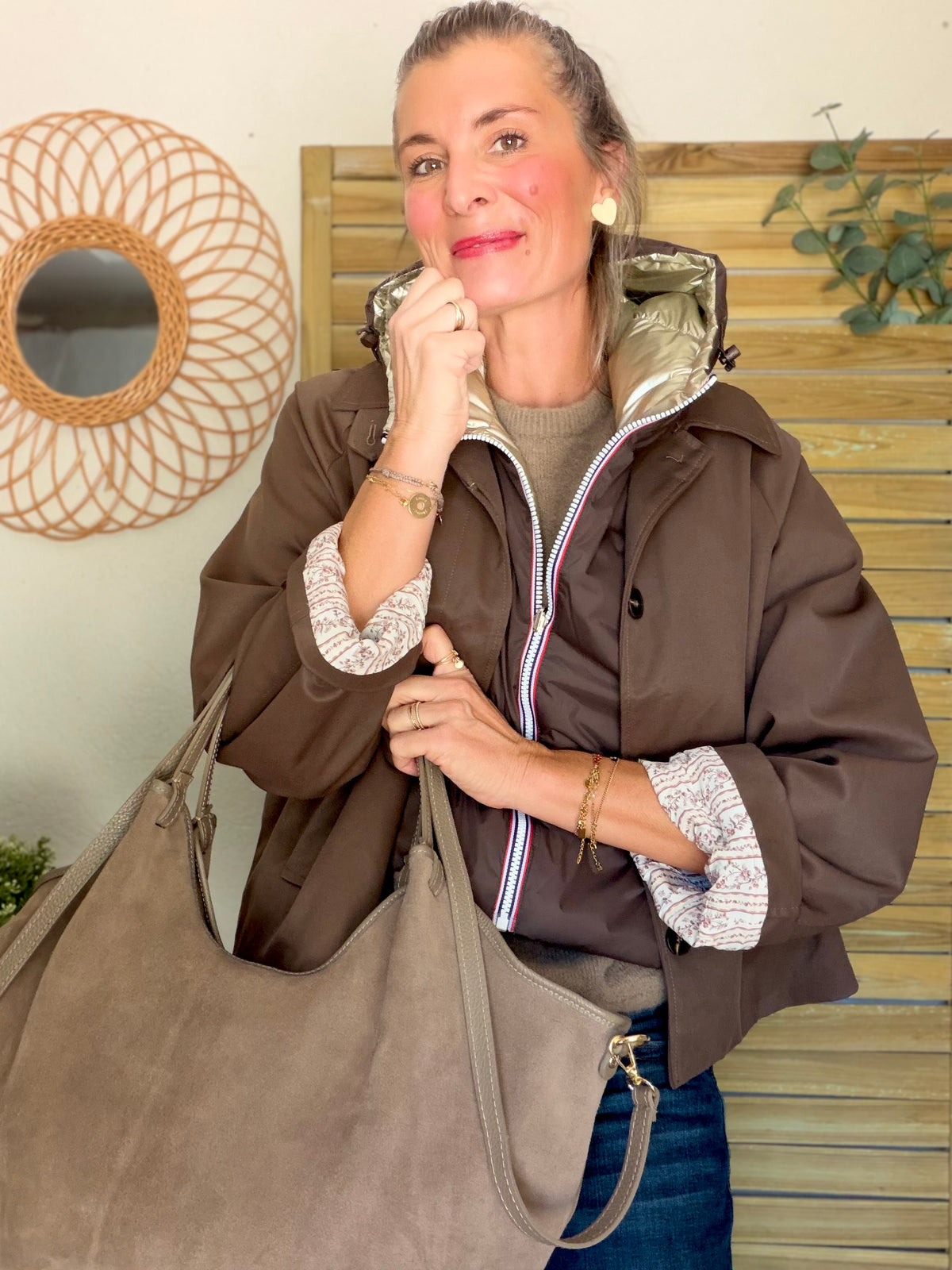 LAURA JO - Col capuche amovible réversible  DANY - Choco / Doré
