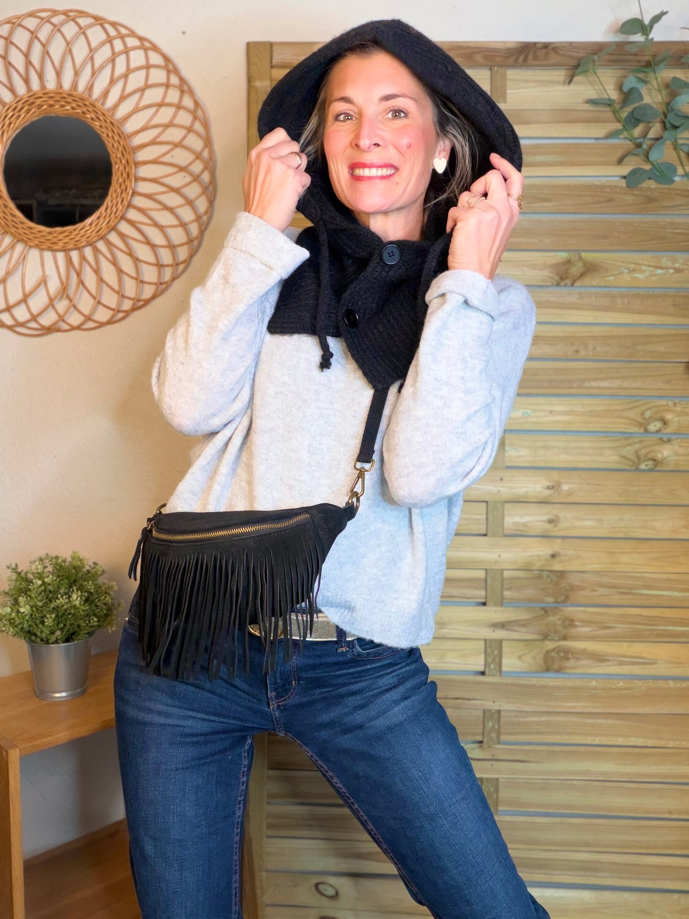 Col cagoule LORIE en maille avec bouton - Noir