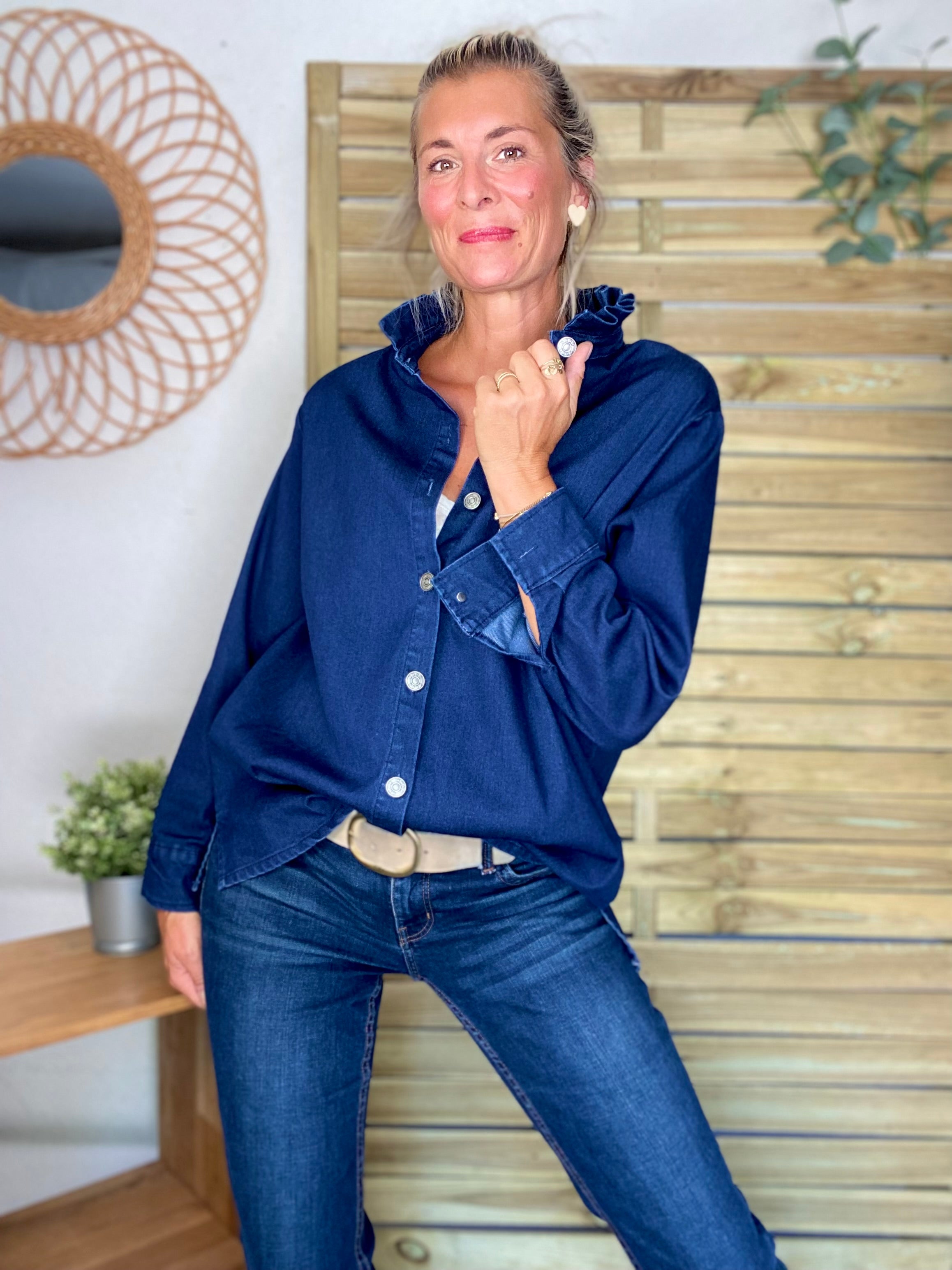 Veste / Chemise en coton, col volanté Bleu Jean LISON