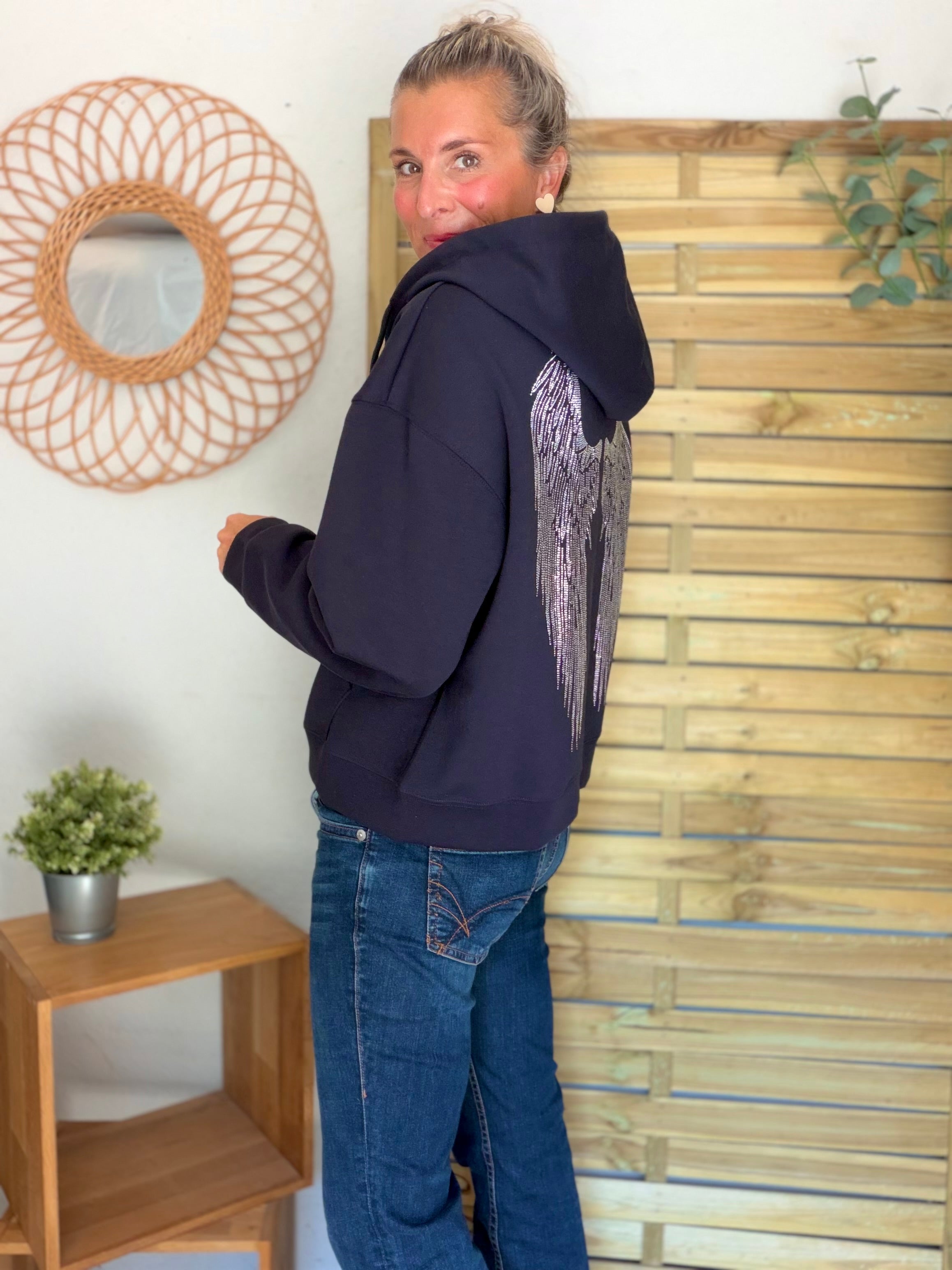 Hoodie sweat gilet strass (ailes)  CLOTHILDE - Bleu marine