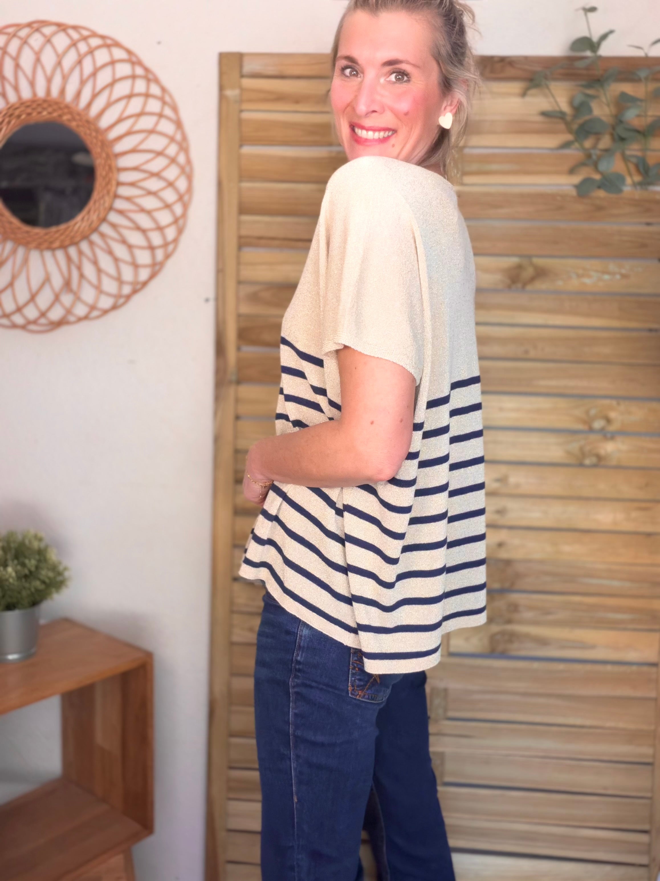 Top maille lurex col V IRINA Bleu marine