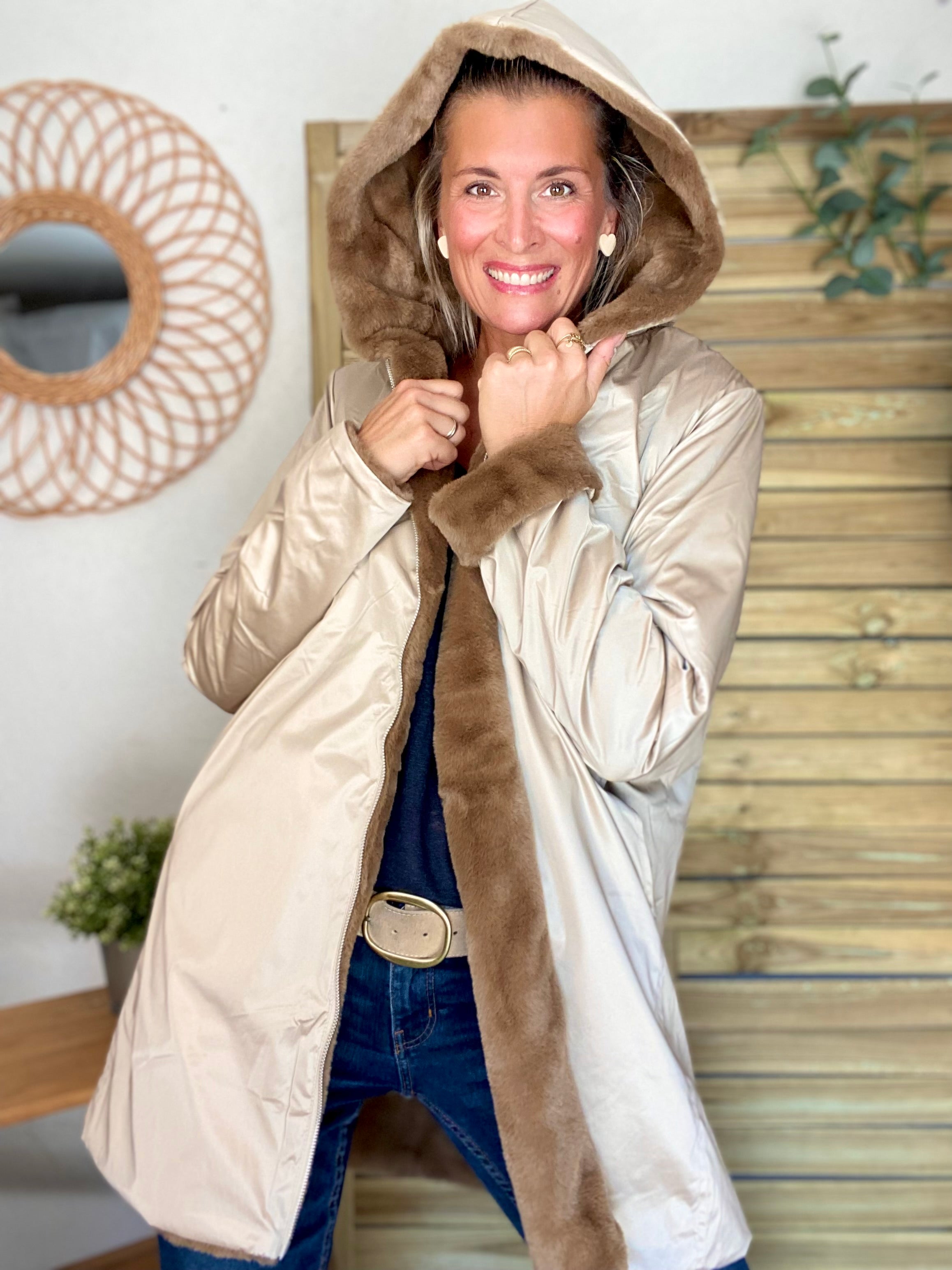Parka Imperméable réversible fourrée Sable irisé / Camel ALIX - LAURA JO