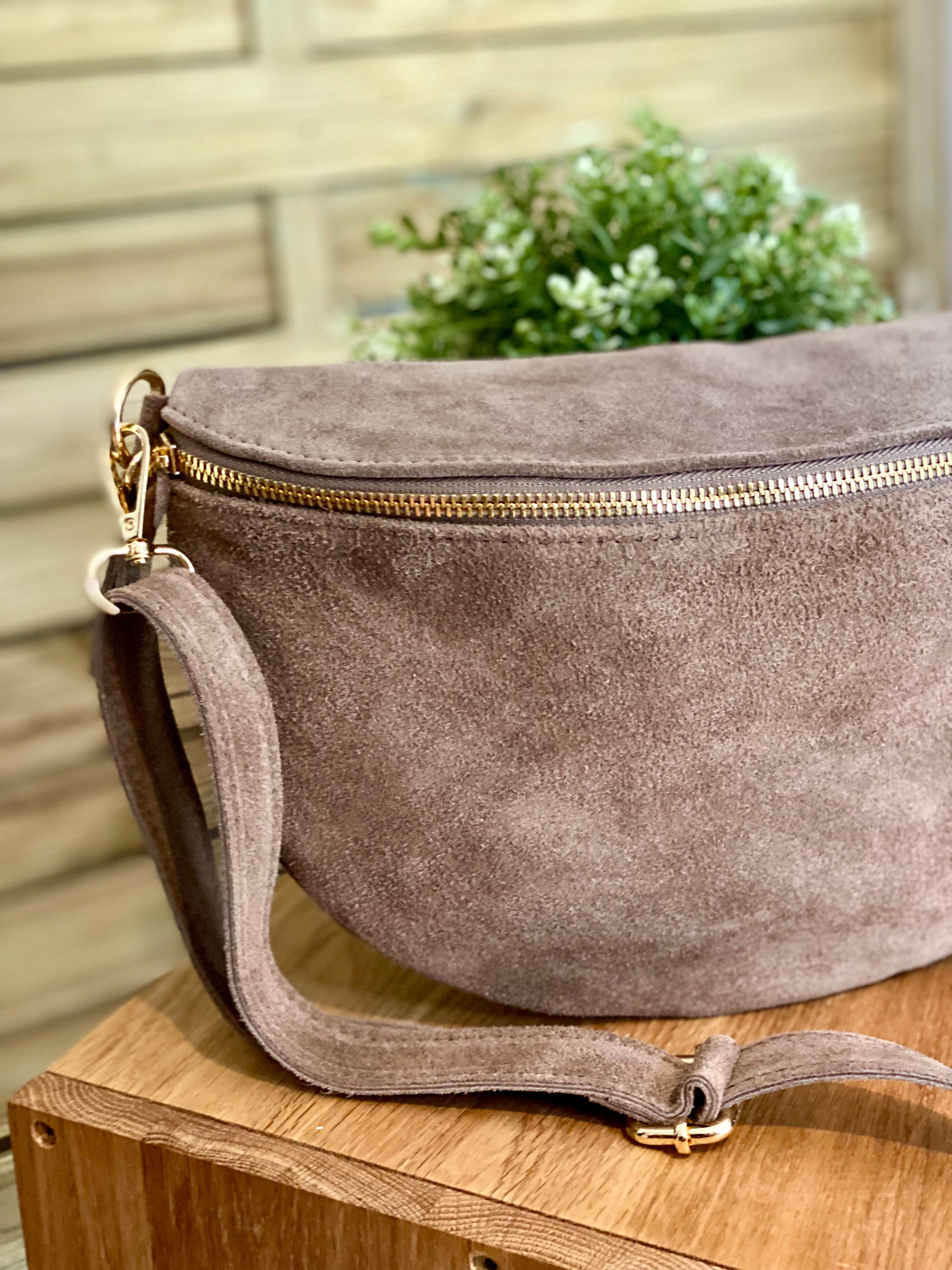 Sac banane XL en cuir velours 30cm JUDY - Taupe (7 coloris)