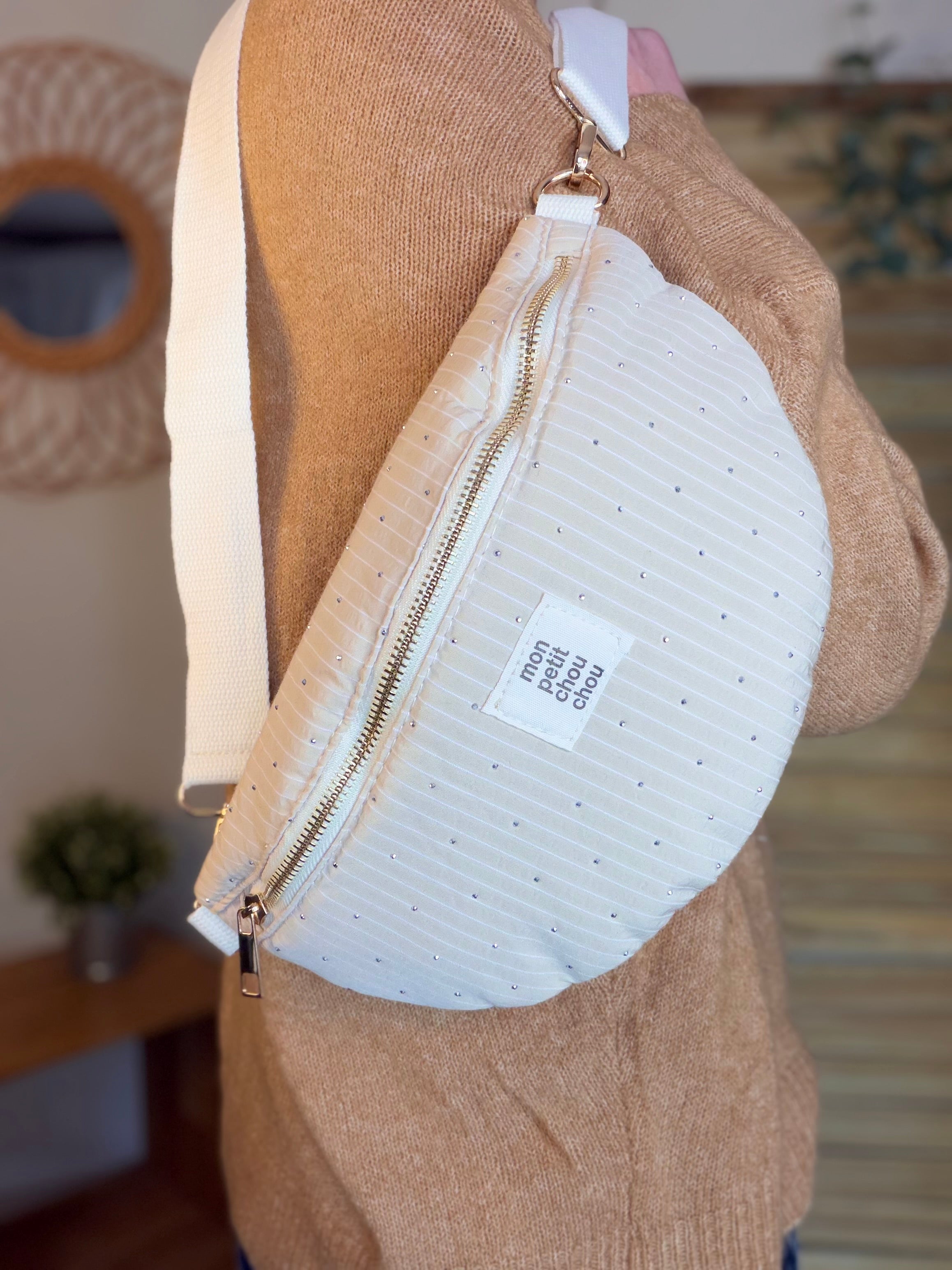 Sac banane avec strass BONNIE - Rayée beige