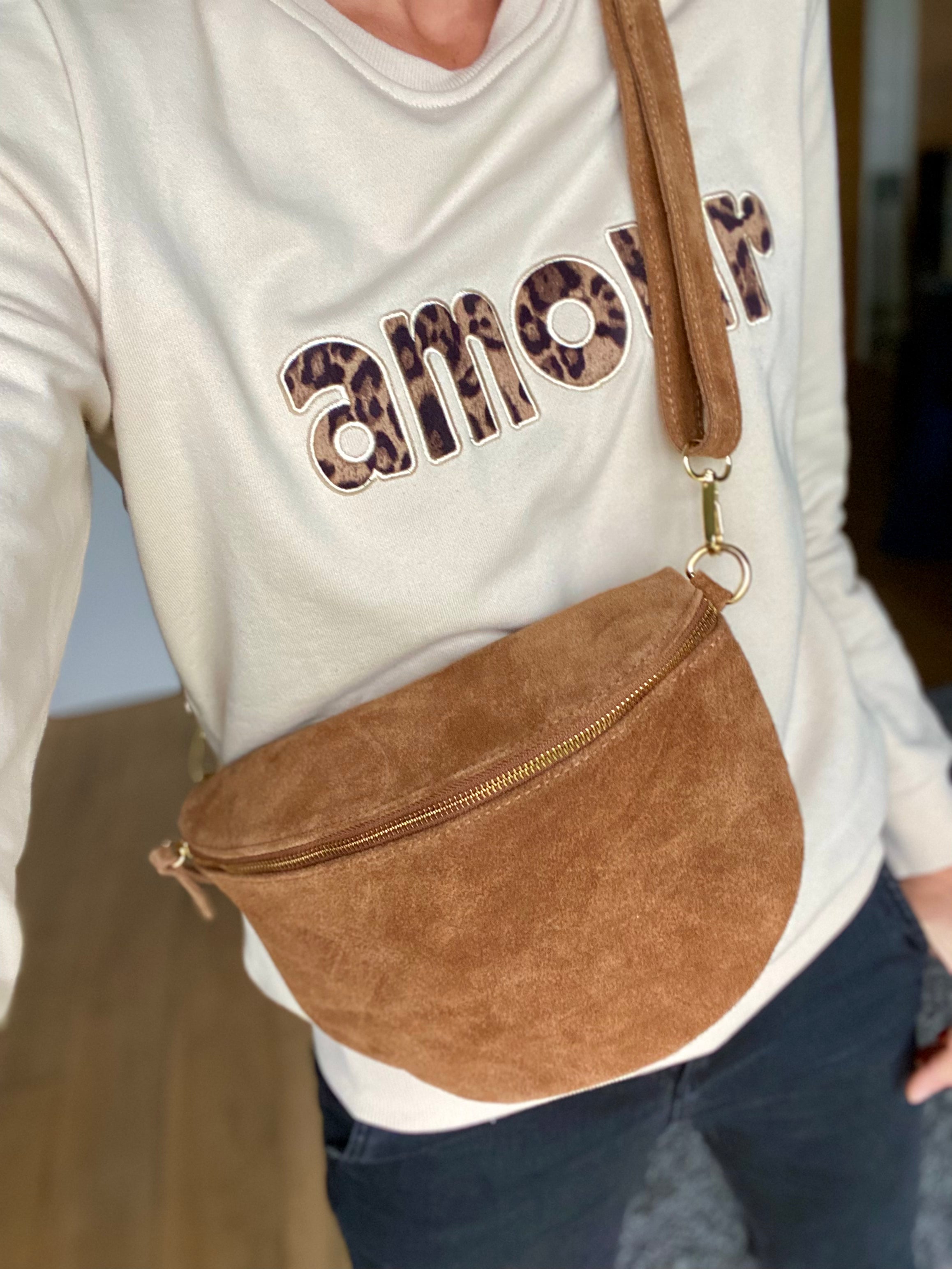 Sac banane XL en cuir velours 30cm JUDY - Camel (7 coloris)