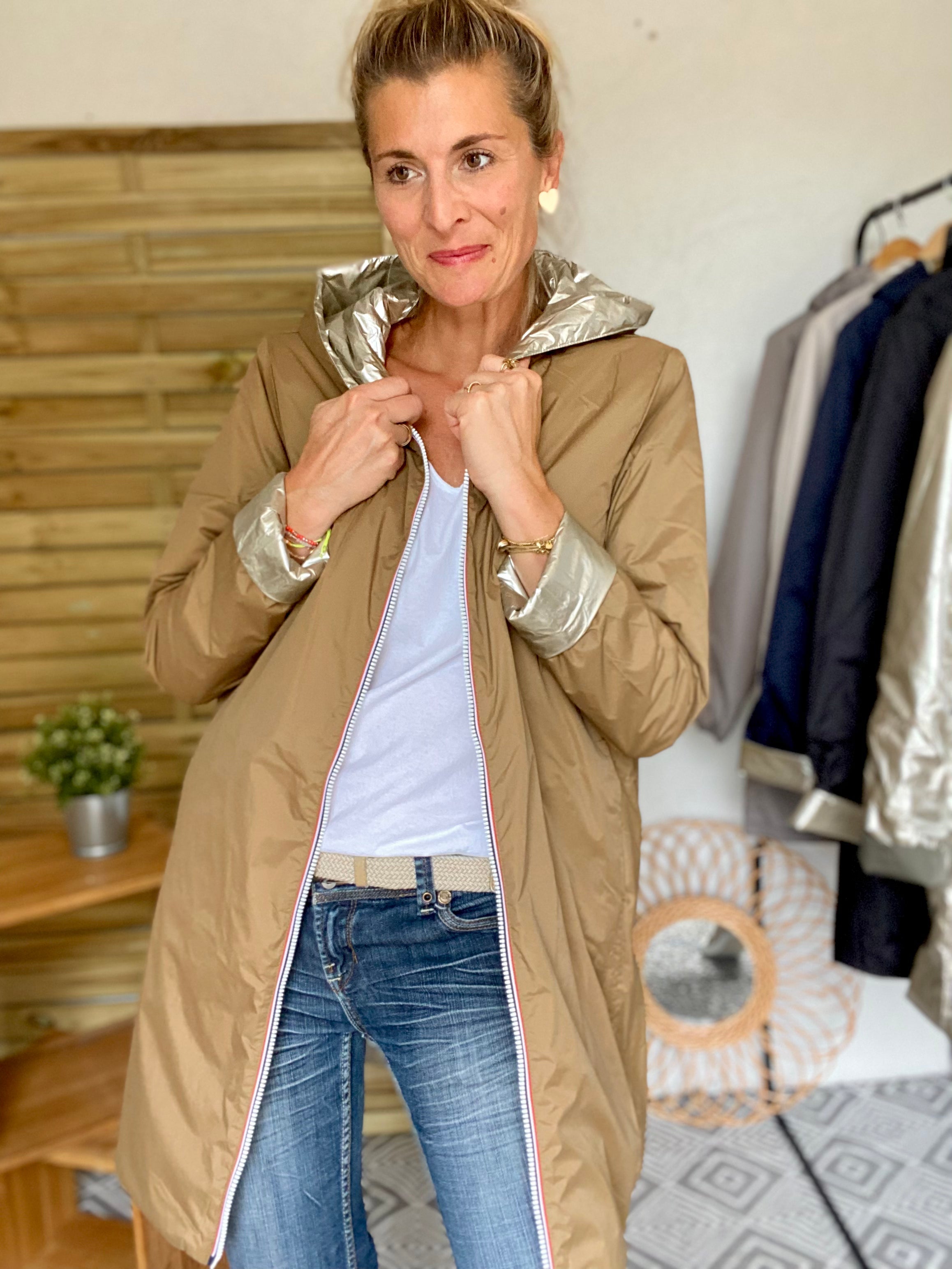 *** PROMO - Taille XL - Imperméable réversible rembourré LOUISON LONG - Camel/Doré - Laura Jo