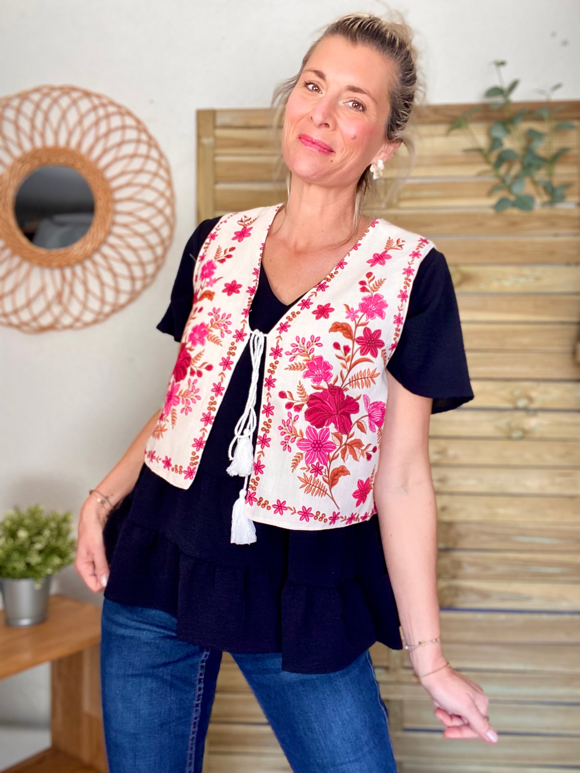 Gilet boléro fleuri Rose orange MAXINE