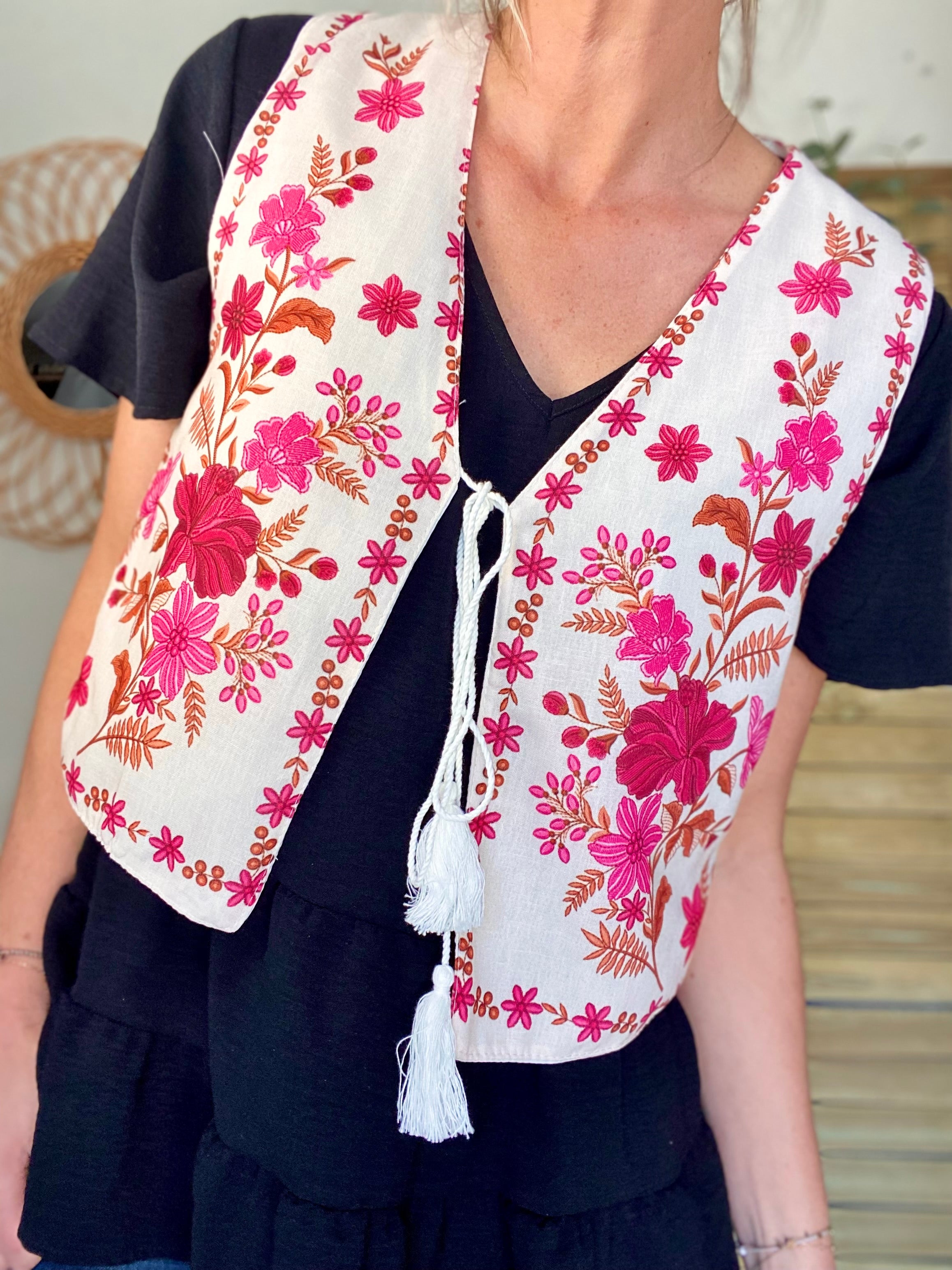 Gilet boléro fleuri Rose orange MAXINE