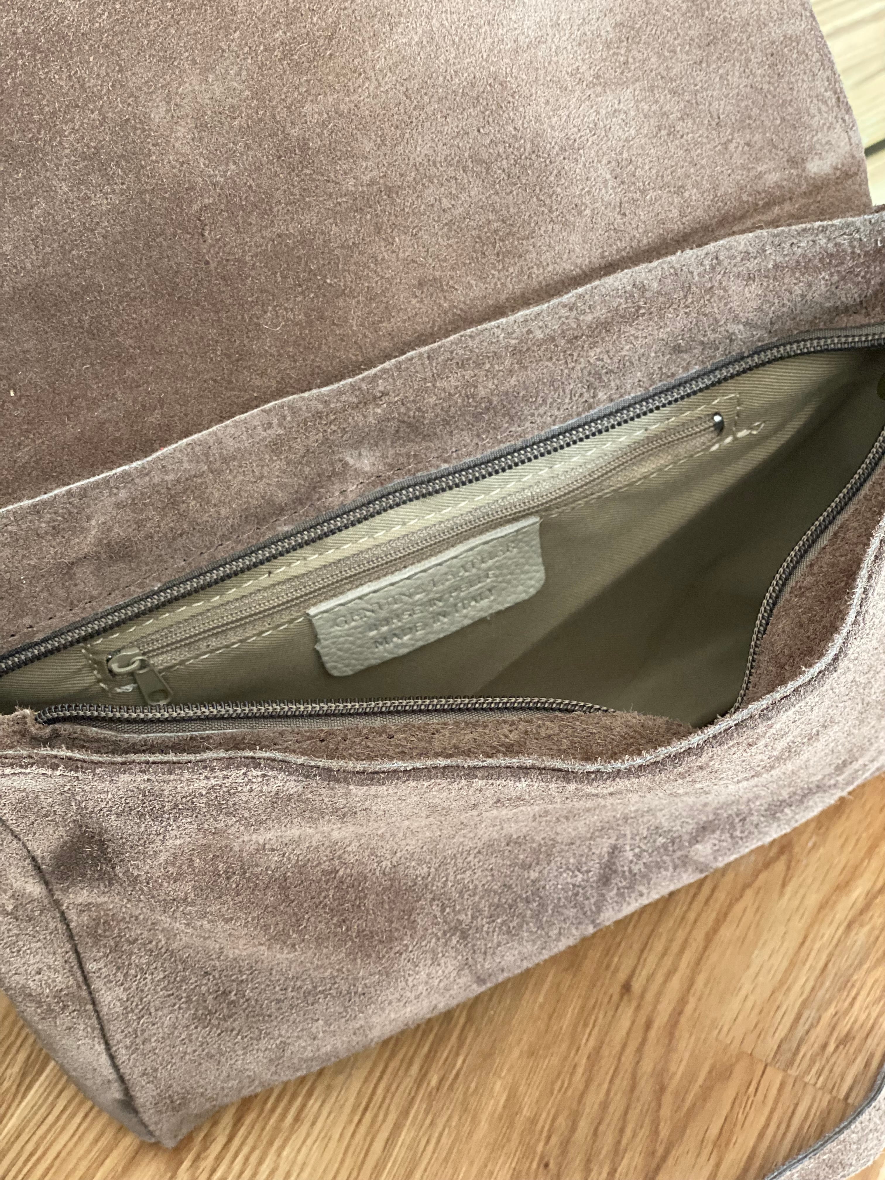 Sac bandoulière en cuir daim et irisé ESMÉE - Choco / Beige