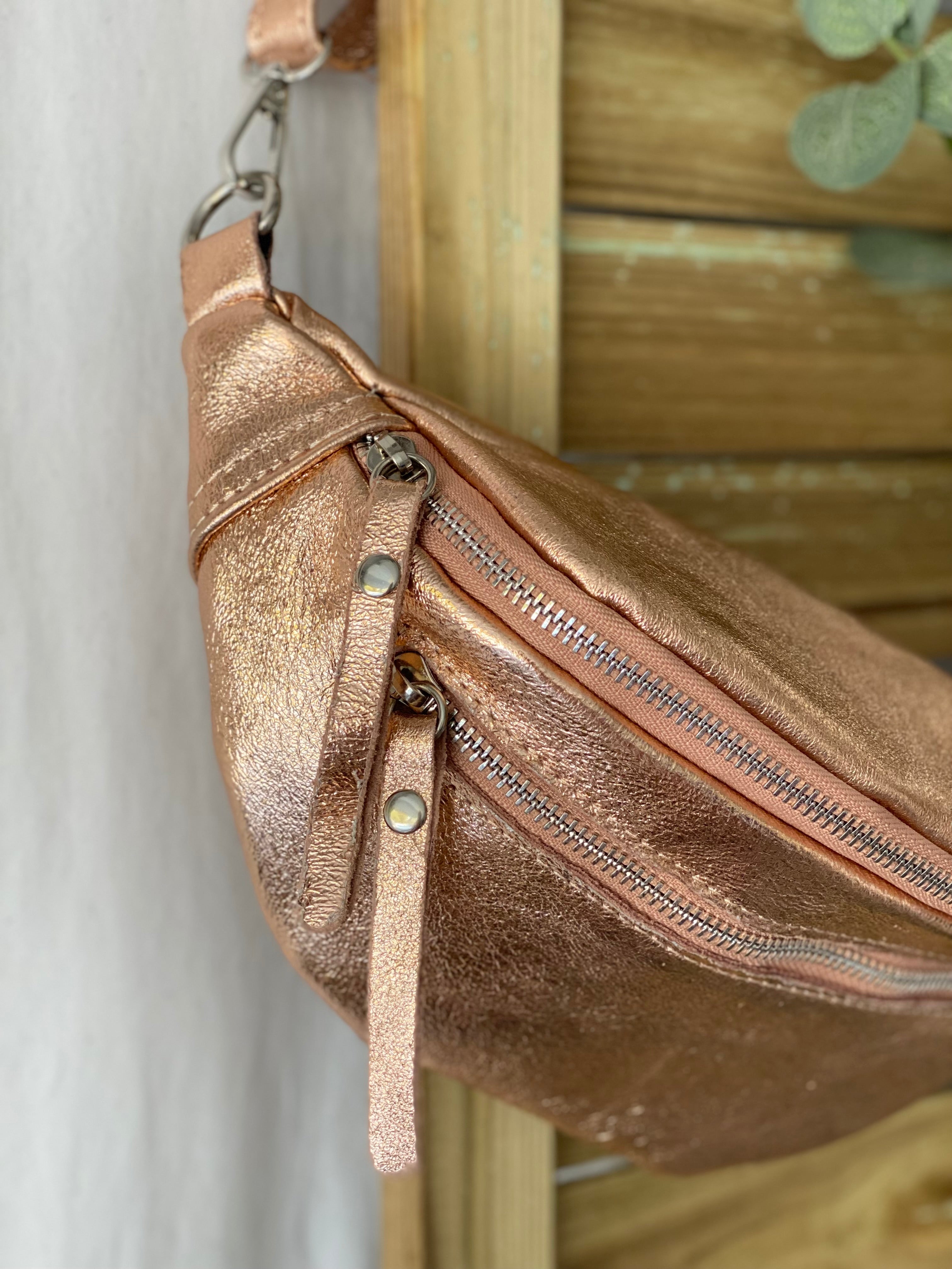 Sac banane en cuir irisé double poche - OPALE - Cuivre rosé (rose Gold)