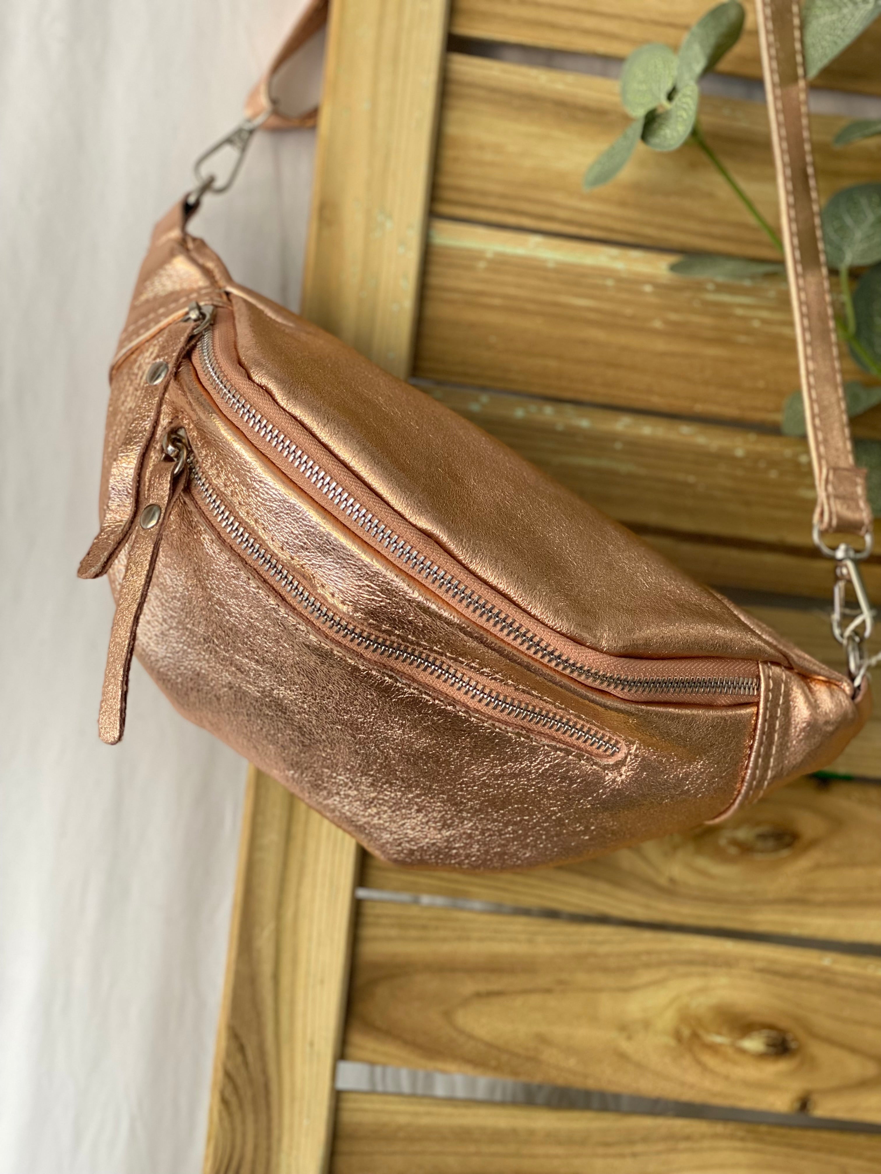 Sac banane en cuir irisé double poche - OPALE - Cuivre rosé (rose Gold)