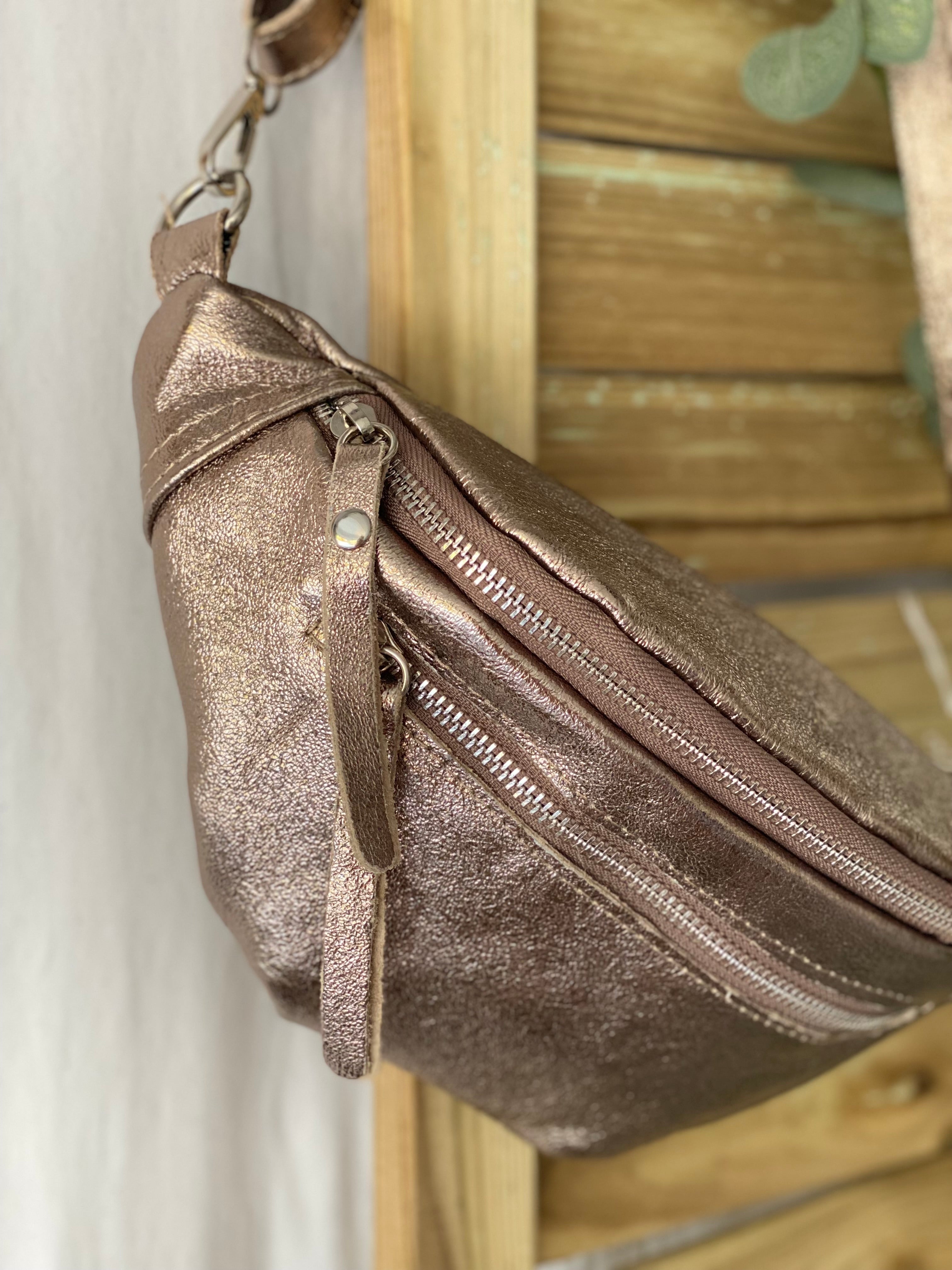 Sac banane en cuir irisé double poche - OPALE - Bronze