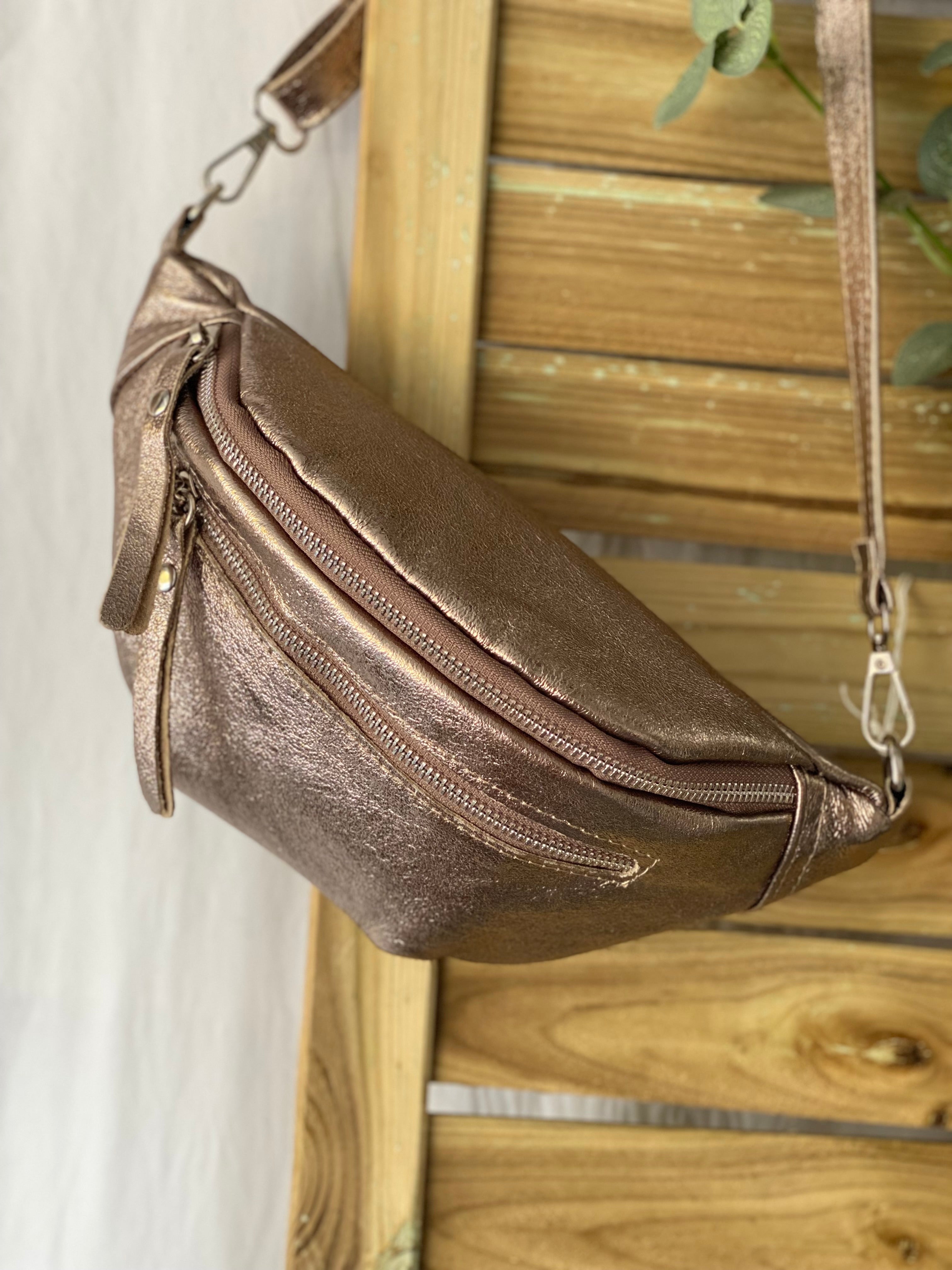 Sac banane en cuir irisé double poche - OPALE - Bronze