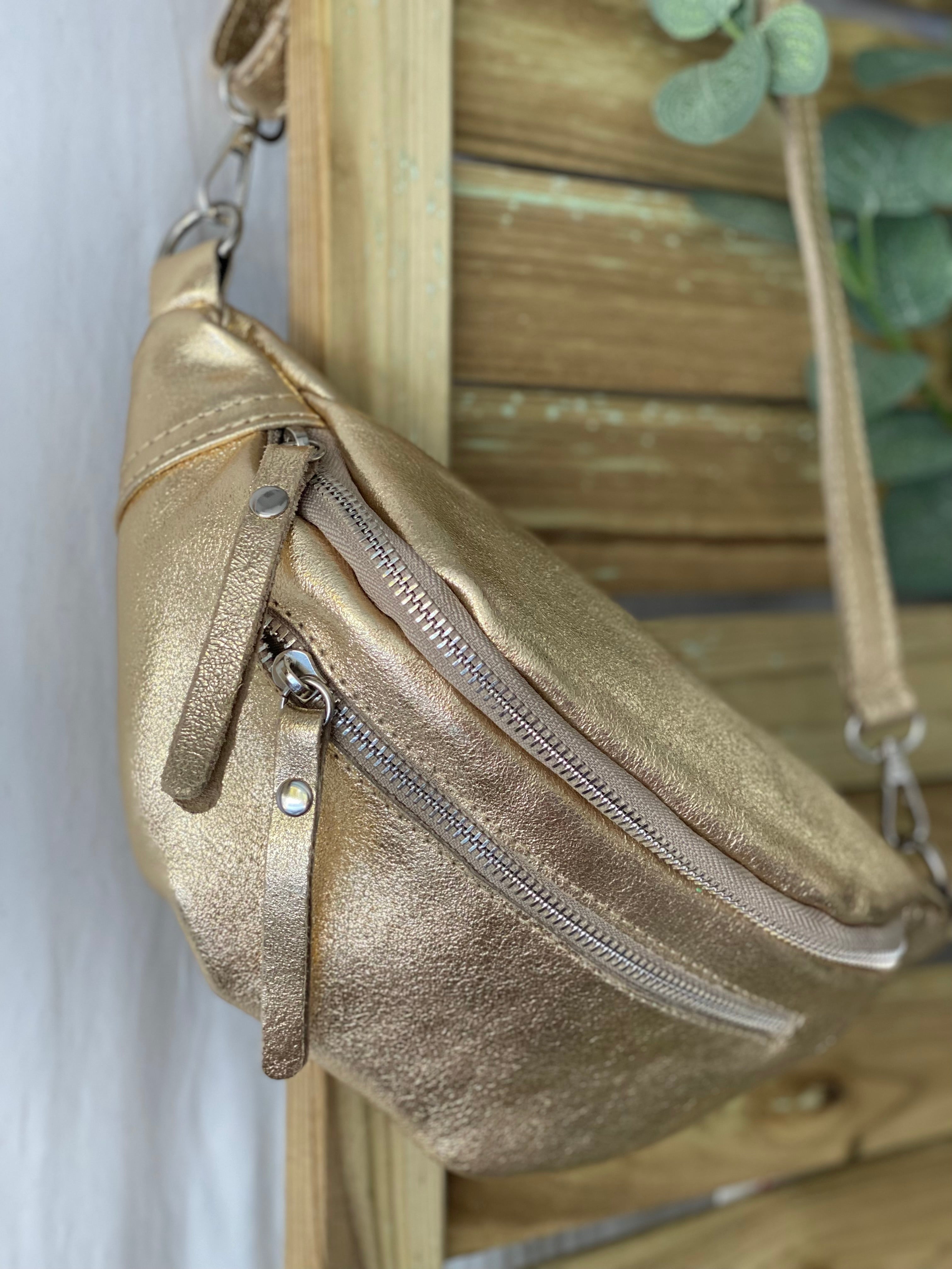 Sac banane en cuir irisé double poche - OPALE - Dorée