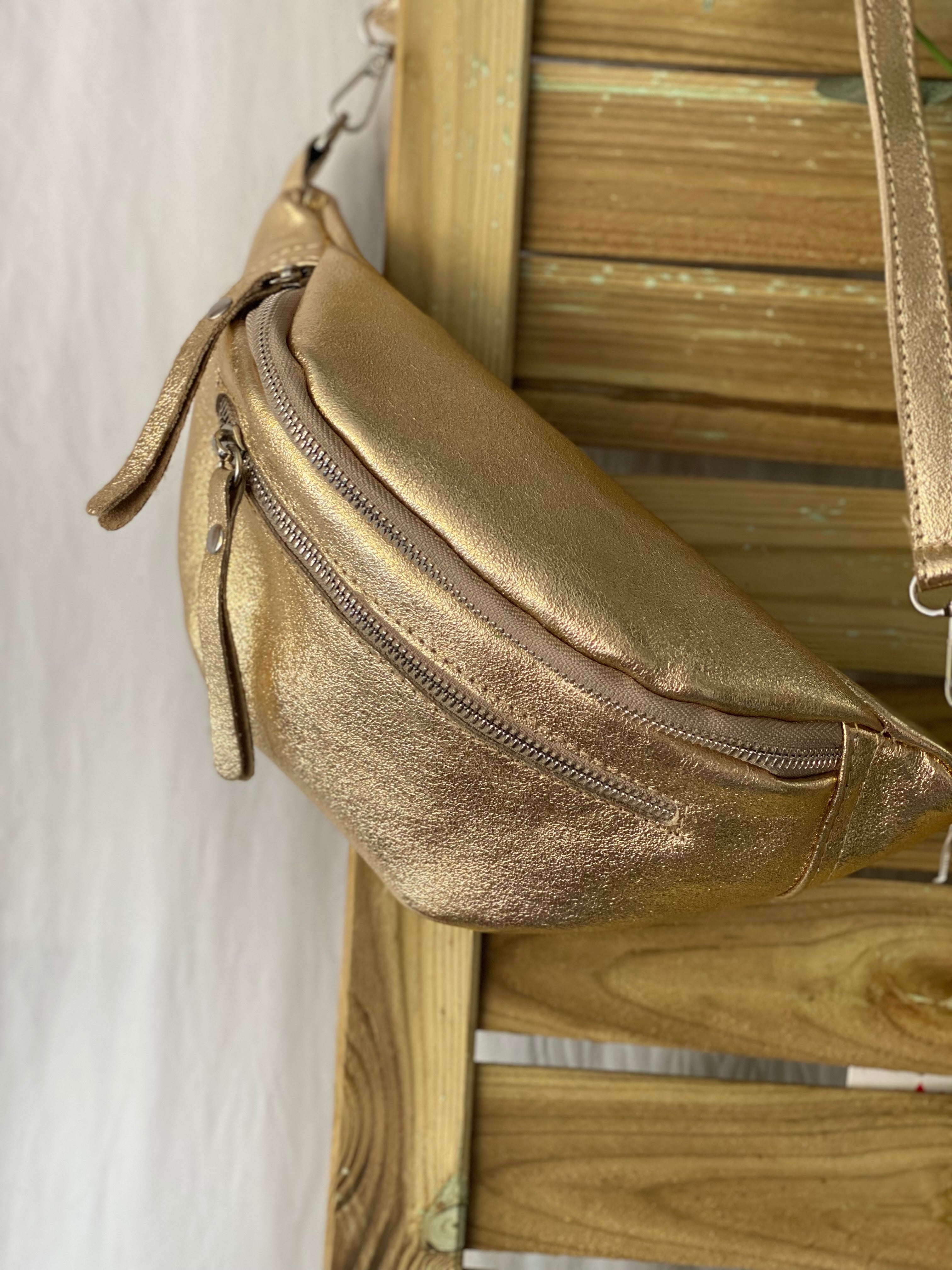 Sac banane en cuir irisé double poche - OPALE - Dorée