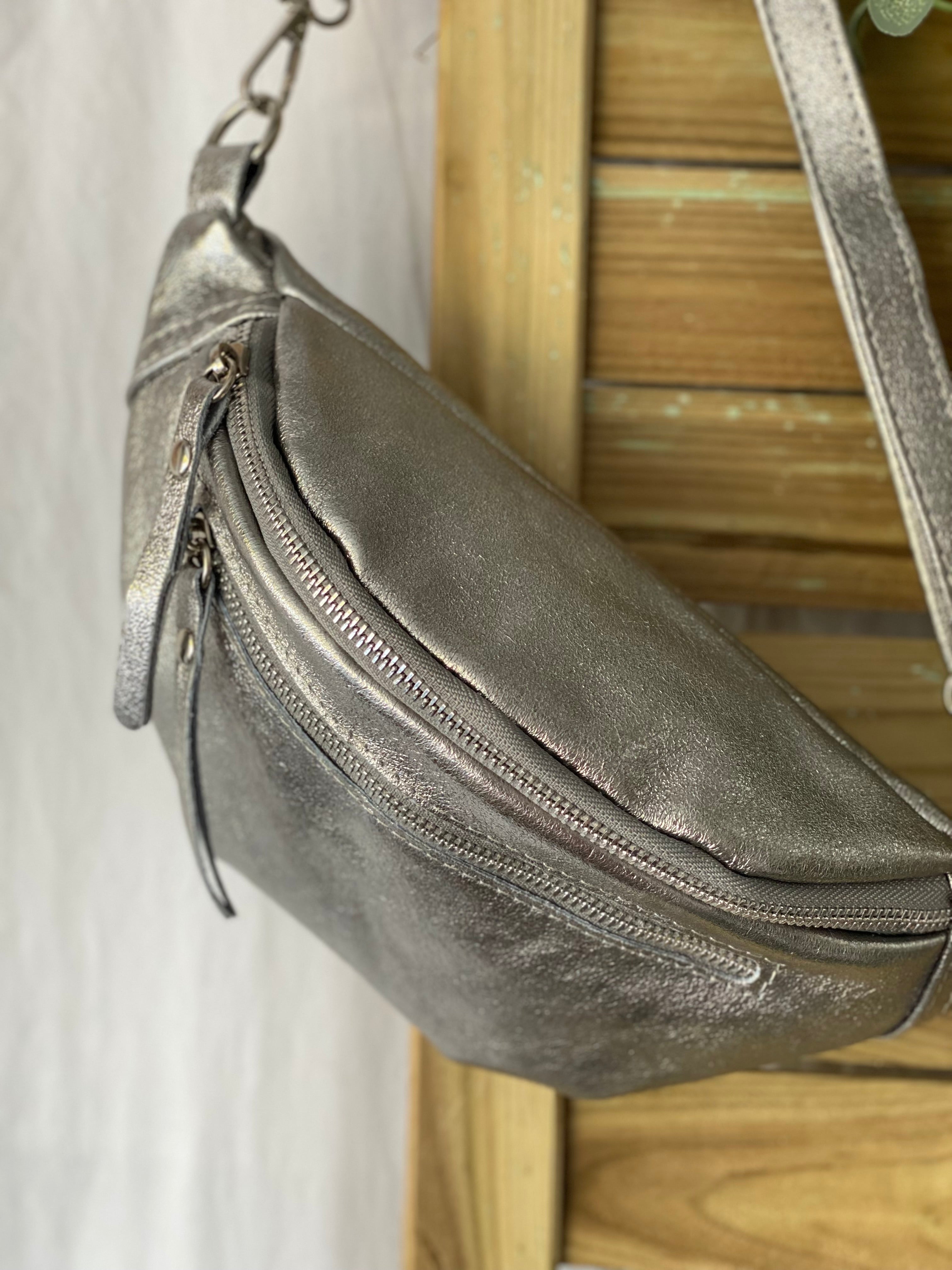 Sac banane en cuir irisé double poche - OPALE - Argent