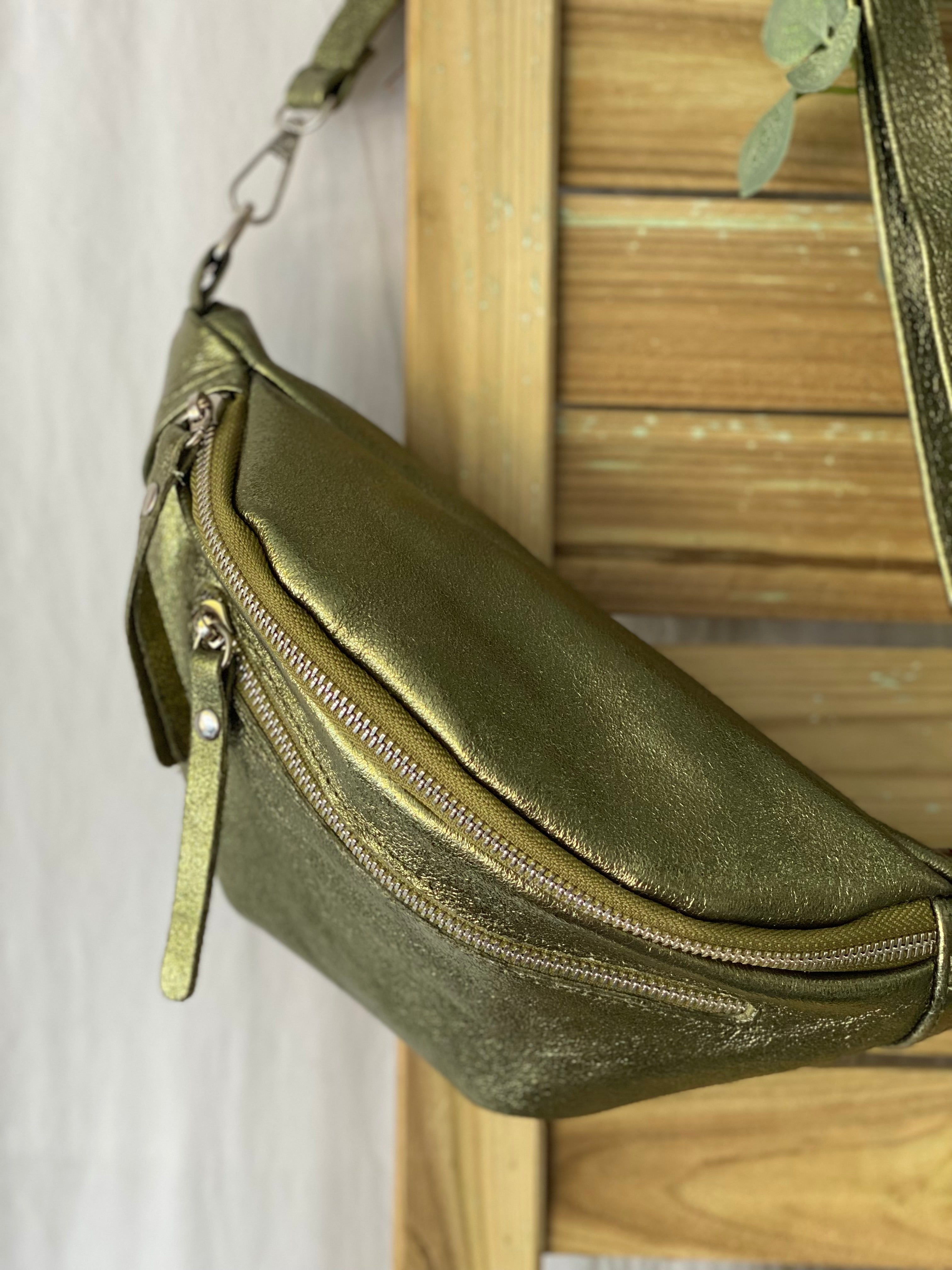 Sac banane en cuir irisé double poche - OPALE - Kaki