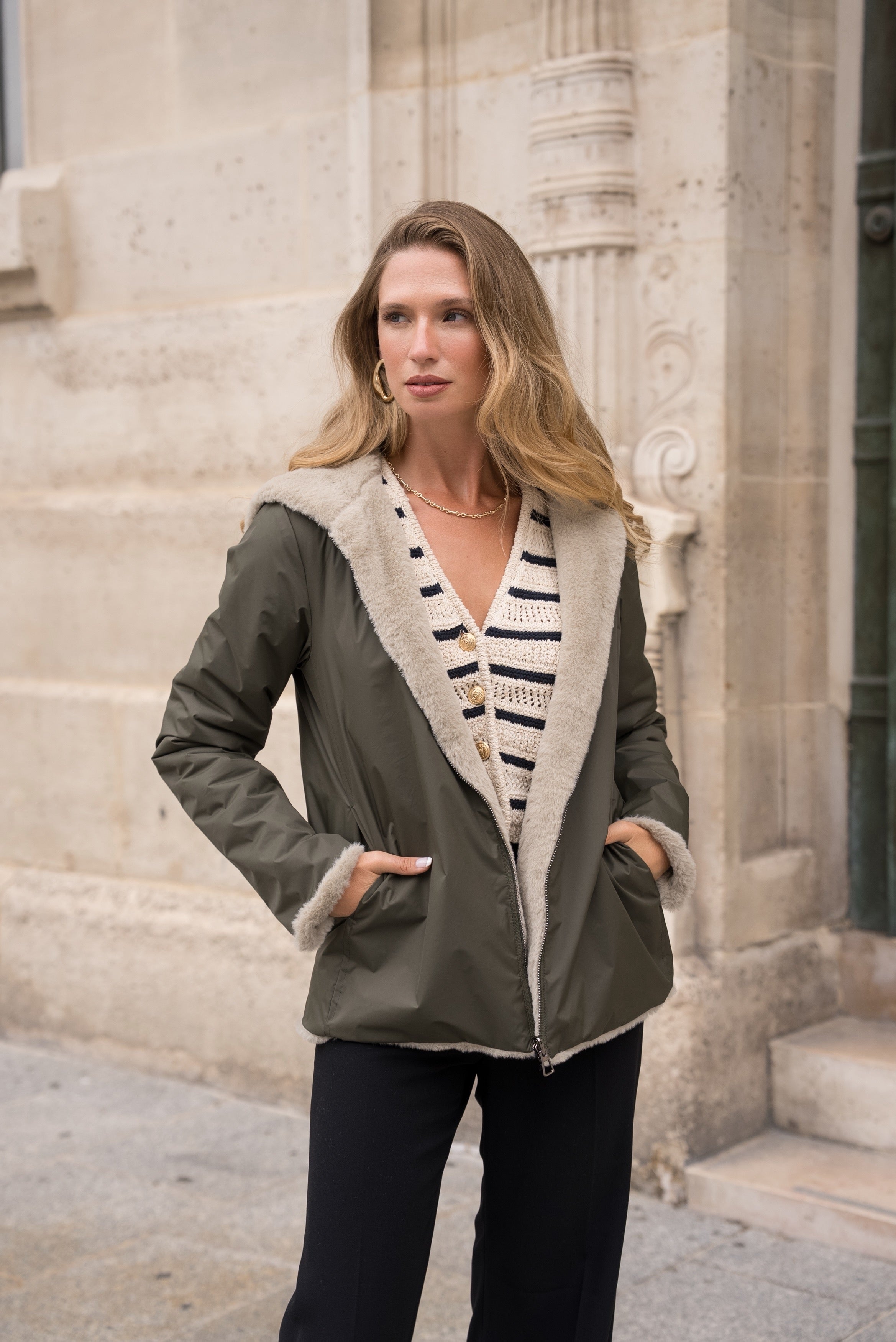 Parka Imperméable réversible fourrée Kaki / Beige ALIX Court - LAURA JO