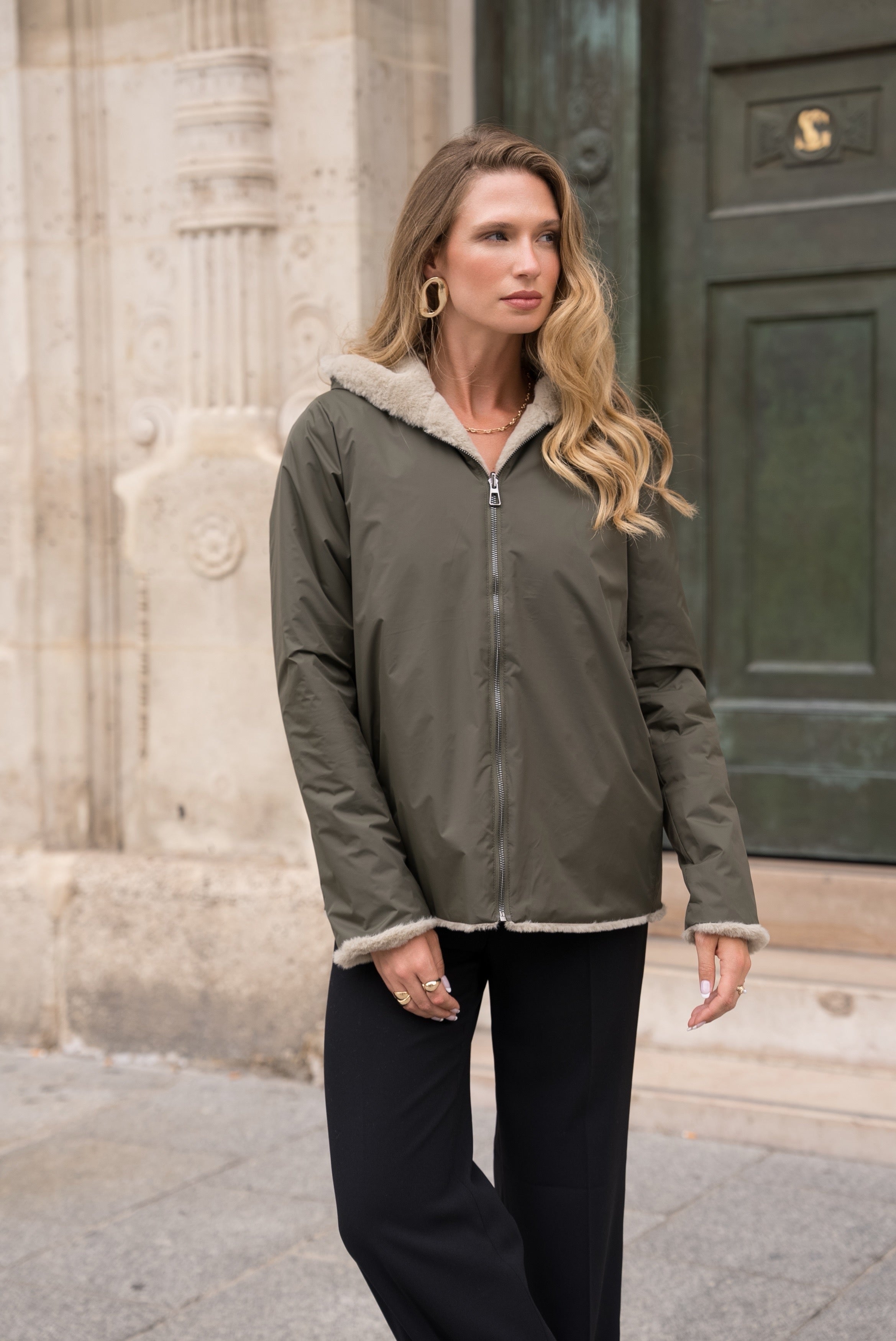 Parka Imperméable réversible fourrée Kaki / Beige ALIX Court - LAURA JO