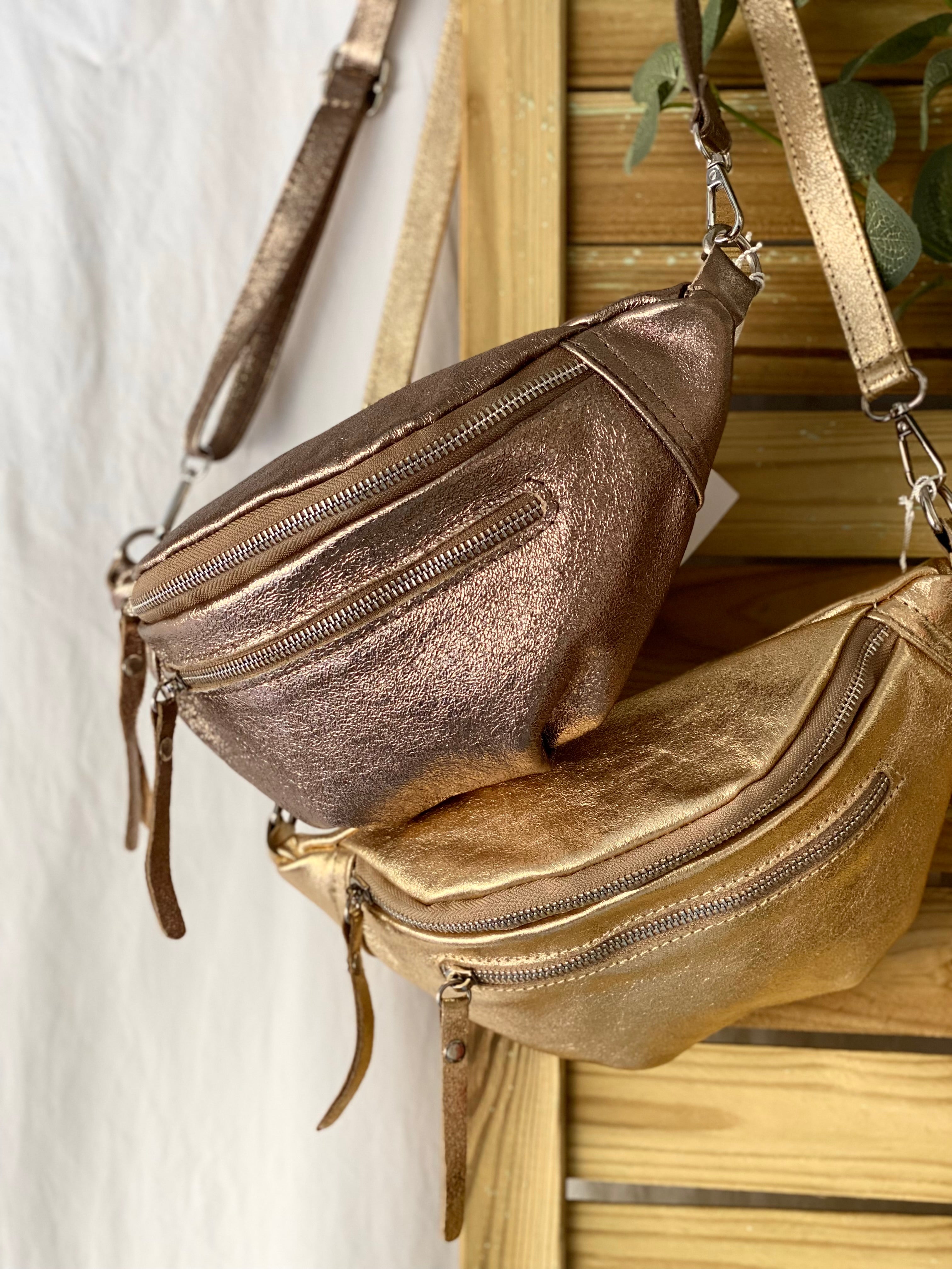 Sac banane en cuir irisé double poche - OPALE - Bronze