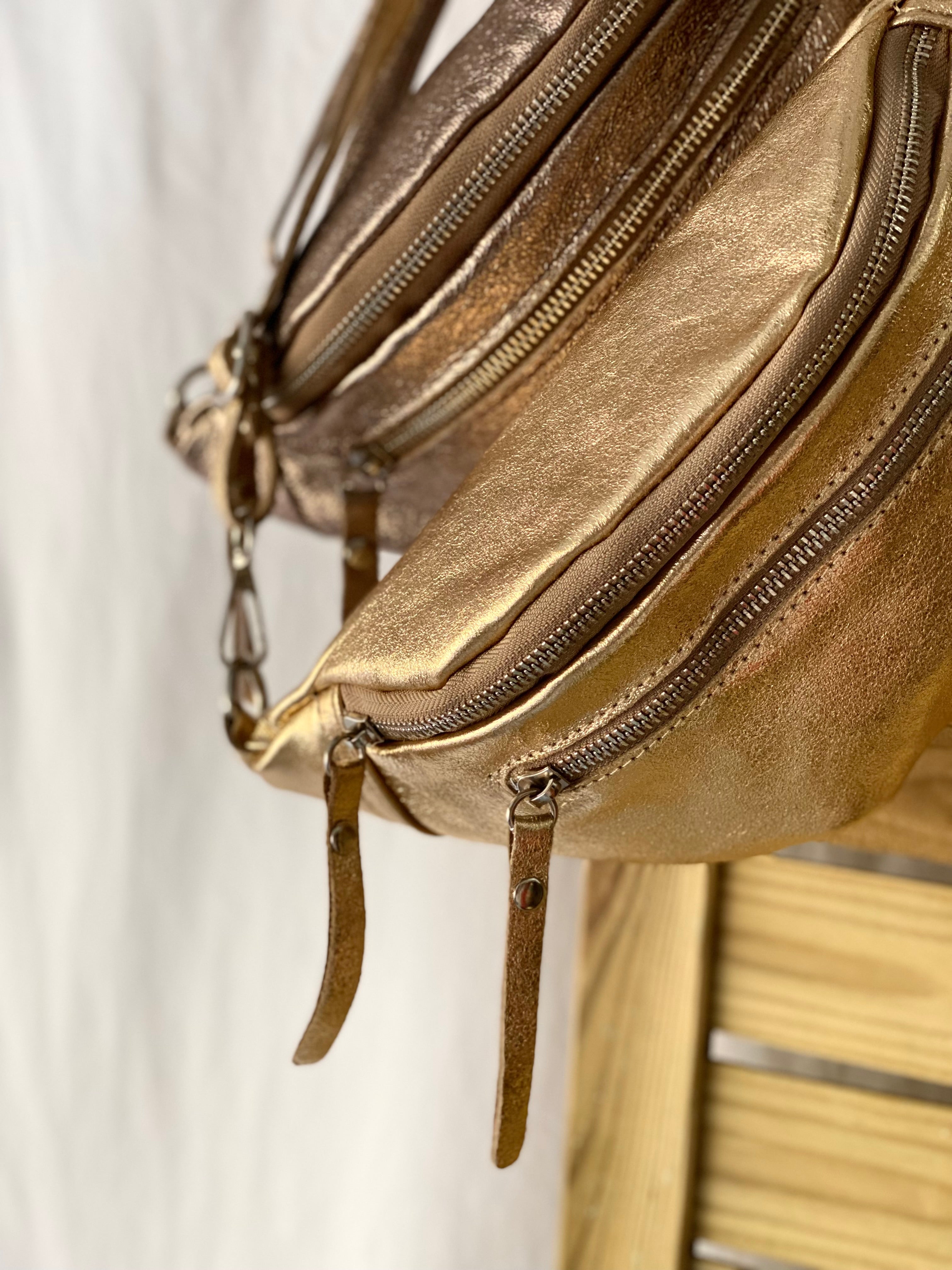 Sac banane en cuir irisé double poche - OPALE - Bronze