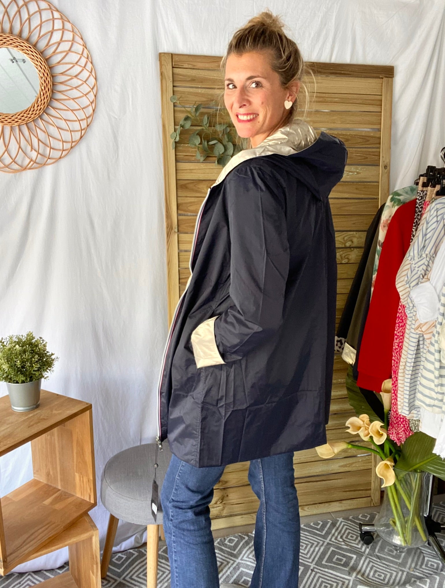 *** PROMO - Taille XL - Imperméable réversible léger GARANCE LONG - Marine/Doré - Laura Jo