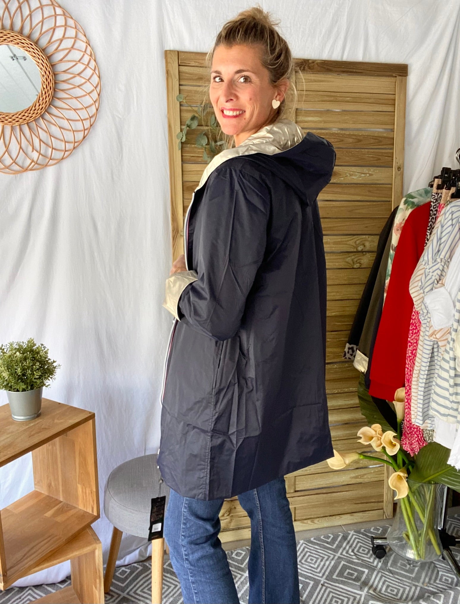 *** PROMO - Taille XL - Imperméable réversible léger GARANCE LONG - Marine/Doré - Laura Jo