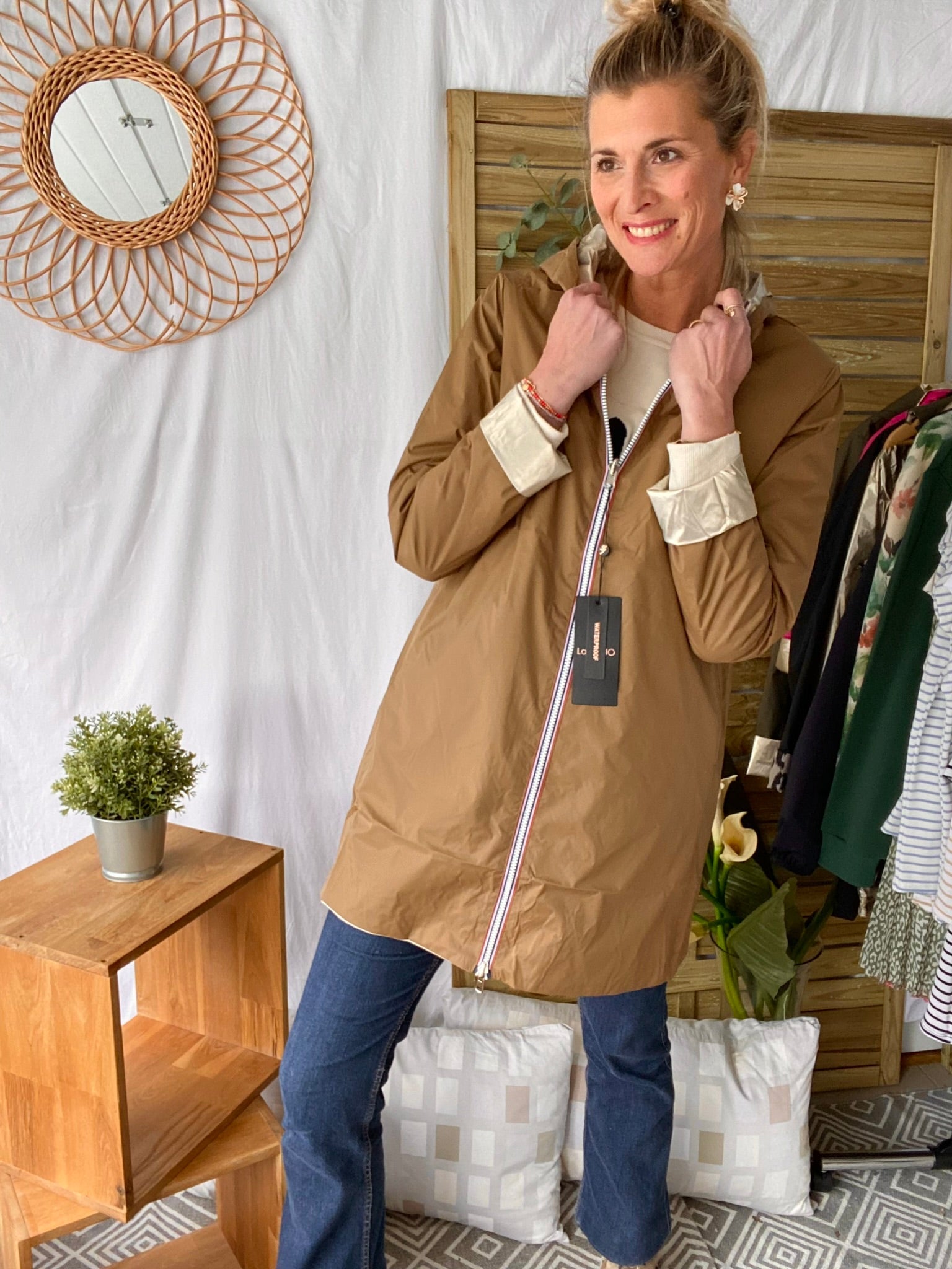 *** PROMO - Taille XL - Imperméable réversible léger GARANCE LONG - Camel/Doré - Laura Jo