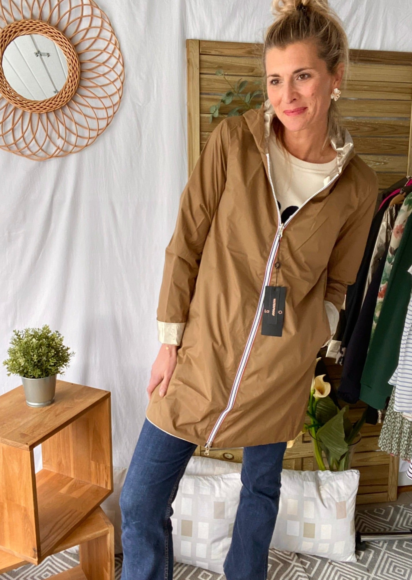 *** PROMO - Taille XL - Imperméable réversible léger GARANCE LONG - Camel/Doré - Laura Jo