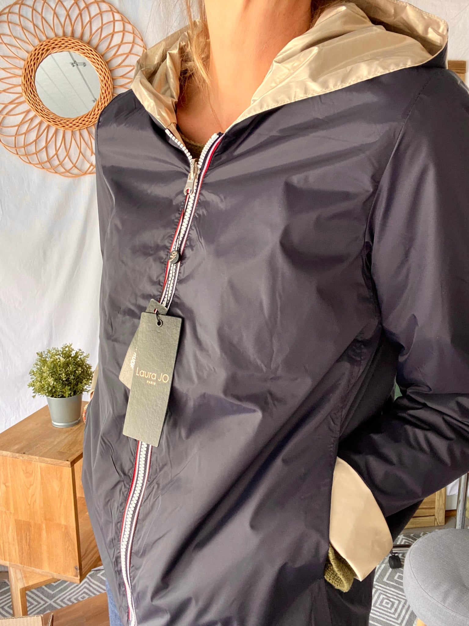 *** PROMO - Taille XL - Imperméable réversible GARANCE COURT léger - Marine/Doré - Laura Jo