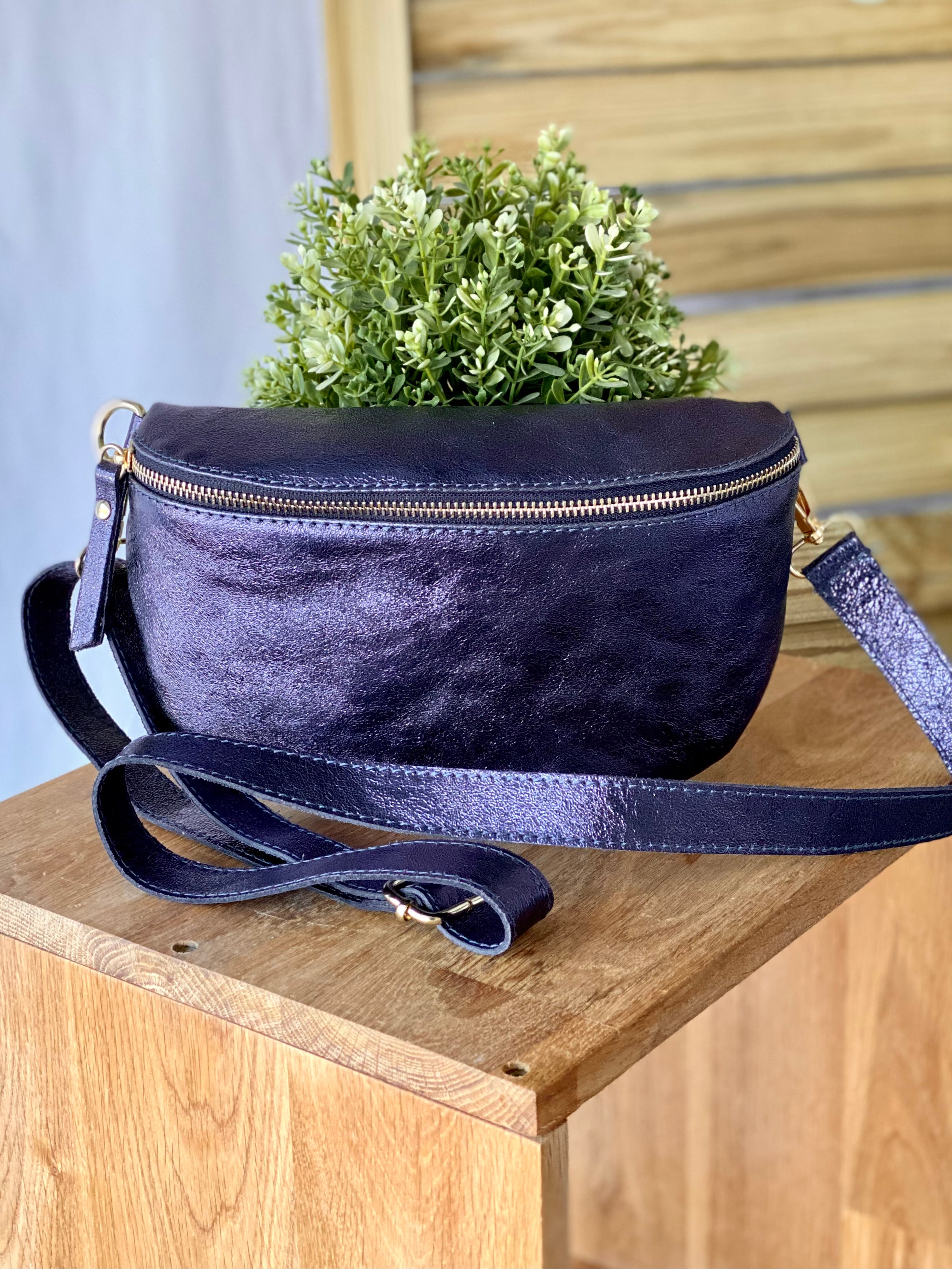 Sac banane en cuir irisé 24cm ROMY bleu marine (12 coloris)