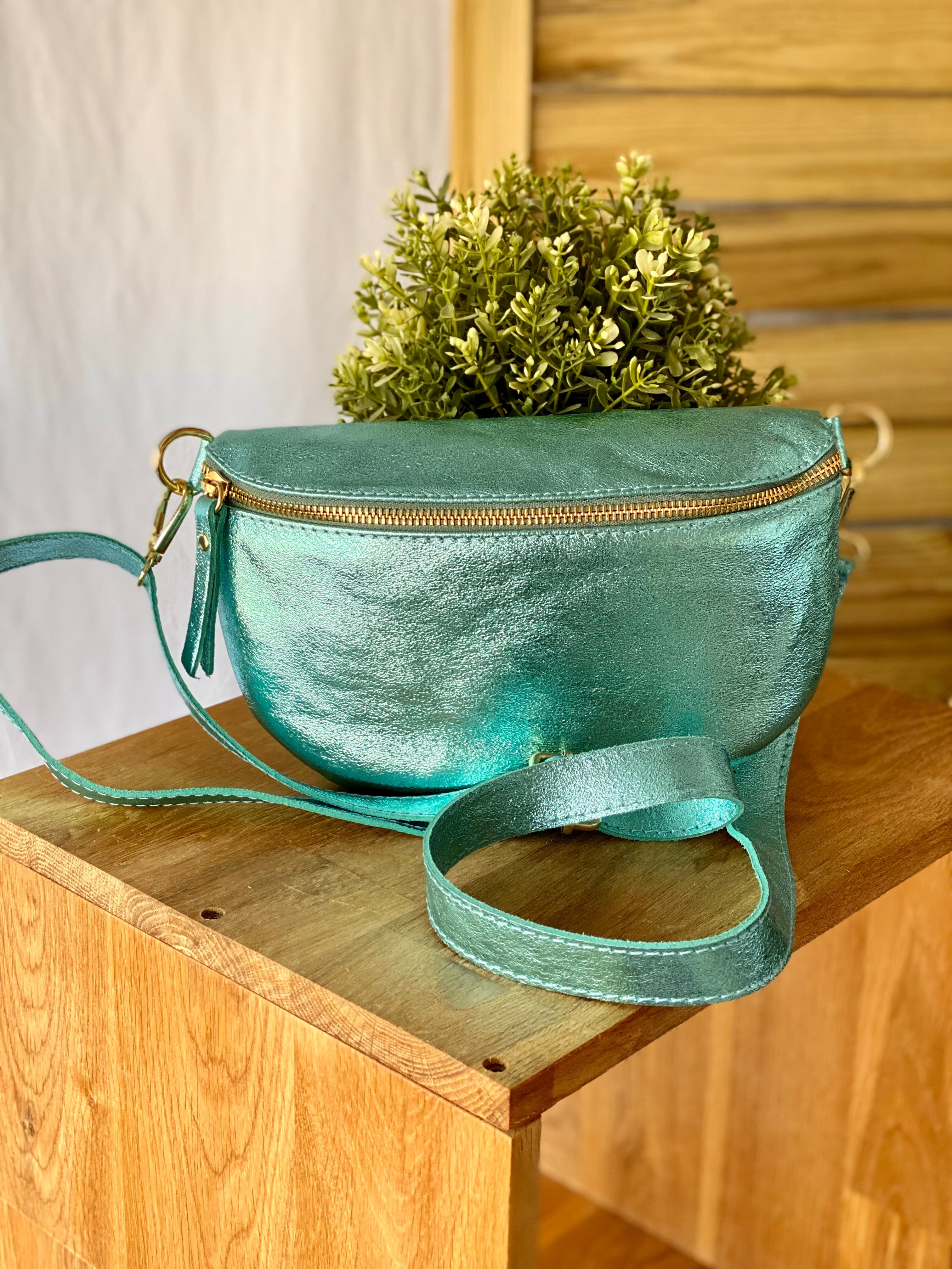 Sac banane M en cuir irisé 24cm ROMY Turquoise (12 coloris)