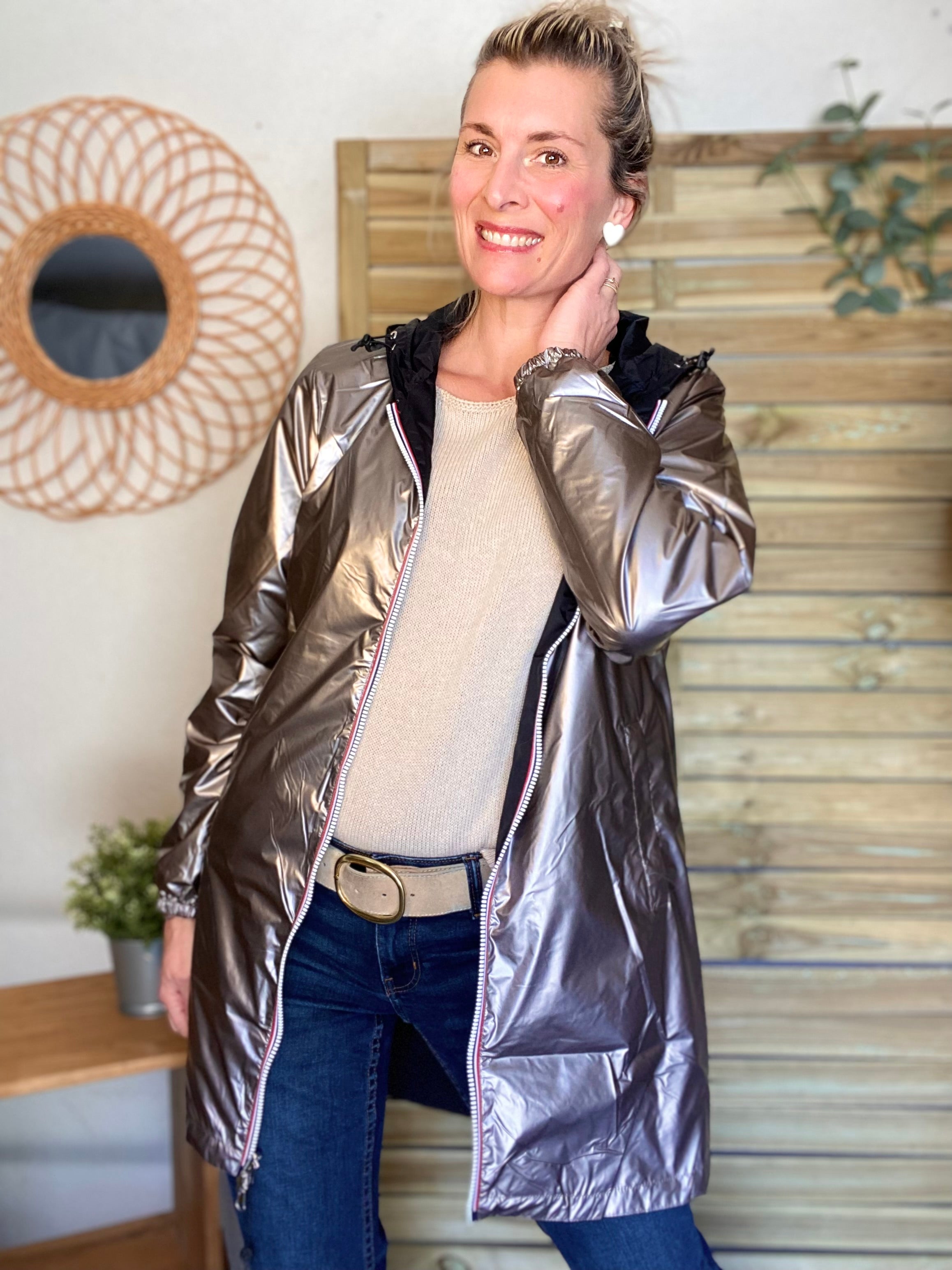 Imperméable réversible long cintré CLAIRE - Noir / Bronze argenté - Laura Jo2