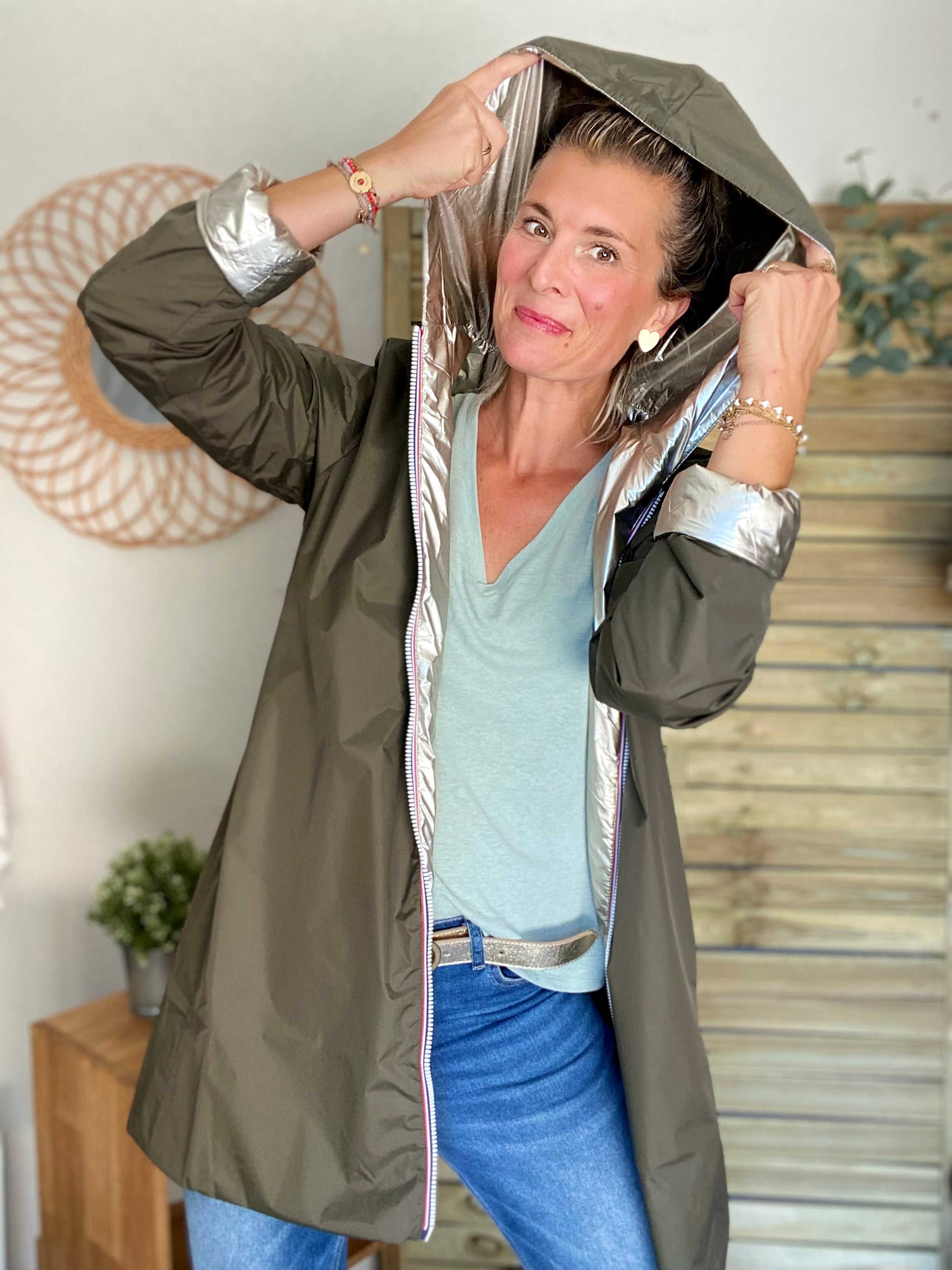Imperméable réversible rembourré LOUISON LONG - Kaki/Doré - LAURA JO