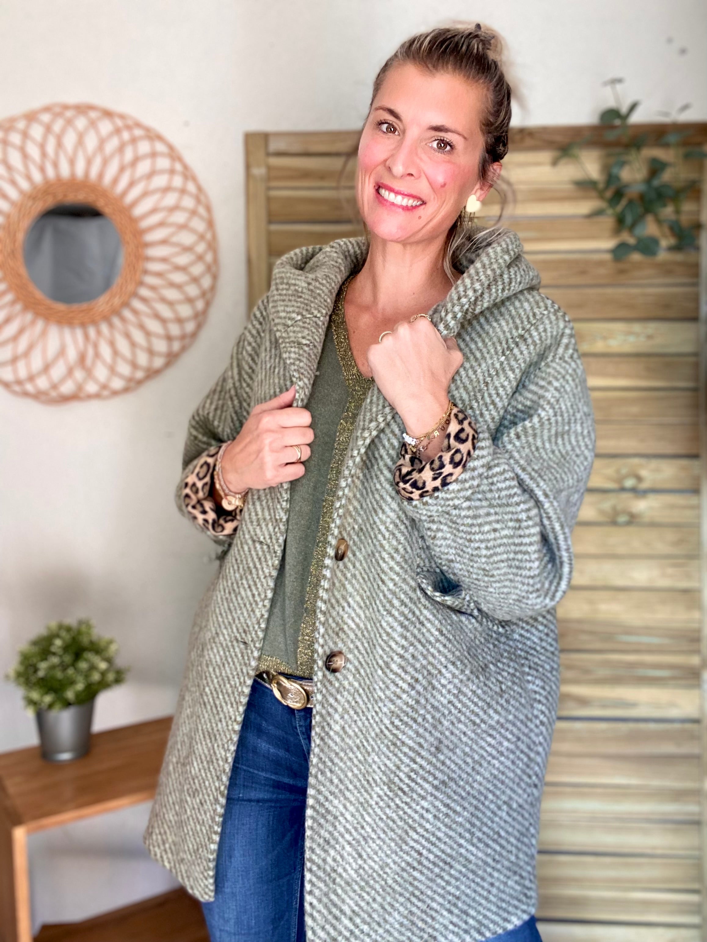 Manteau laine AGATHE avec détails Léo (étoile capuche) - Kaki 