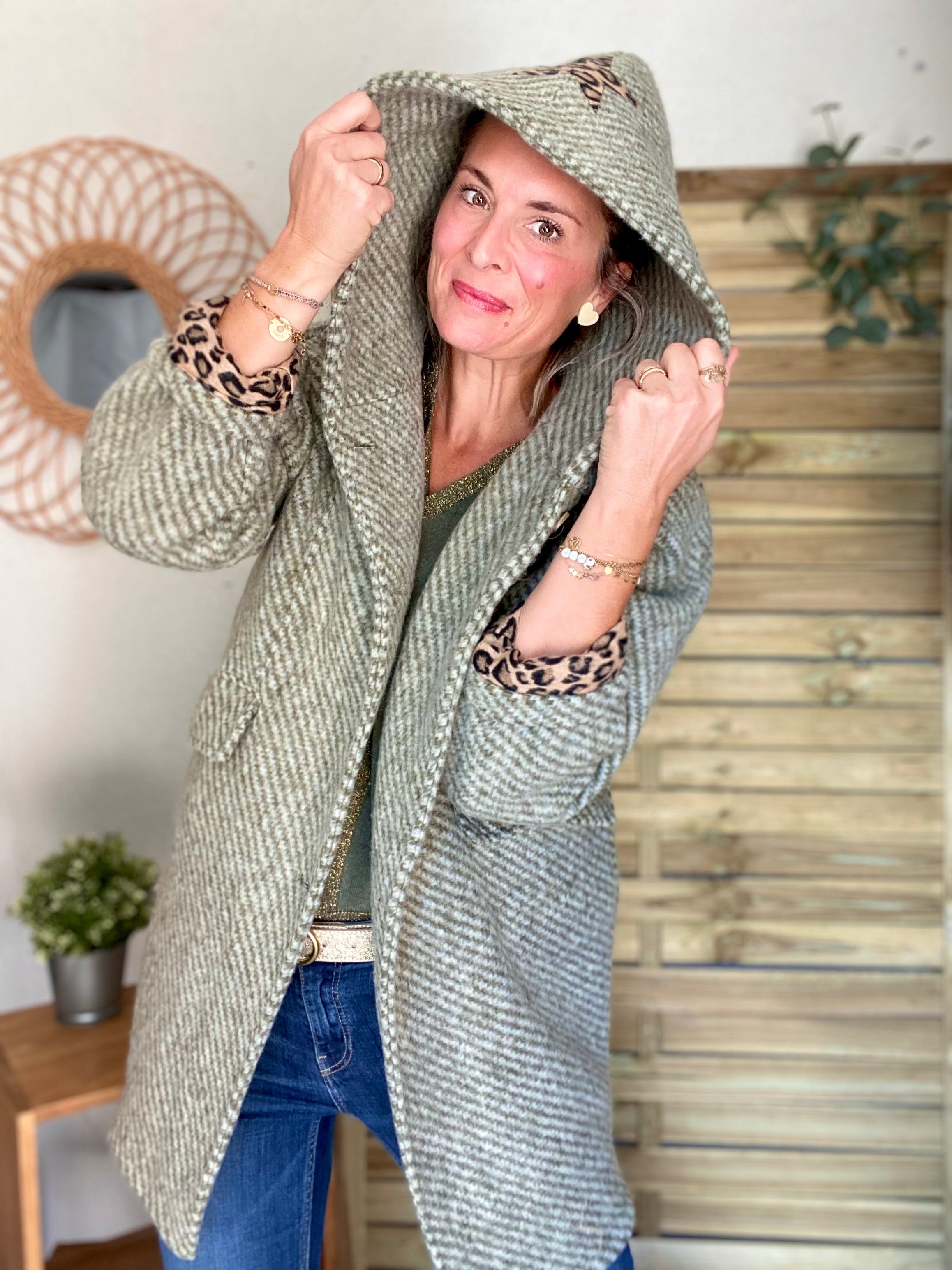 Manteau laine AGATHE avec détails Léo (étoile capuche) - Kaki 