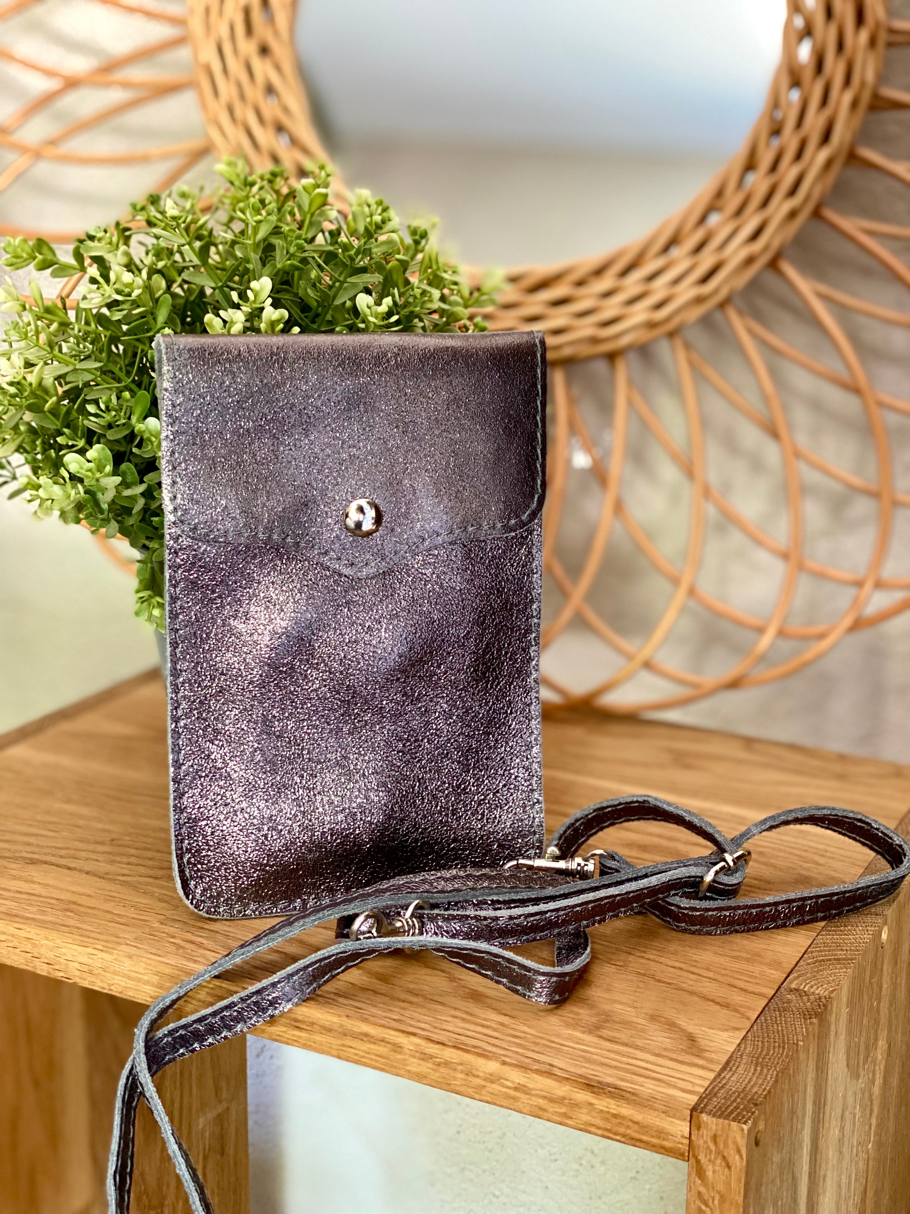 Pochette bandoulière en cuir irisé - FLORE - Argent foncé
