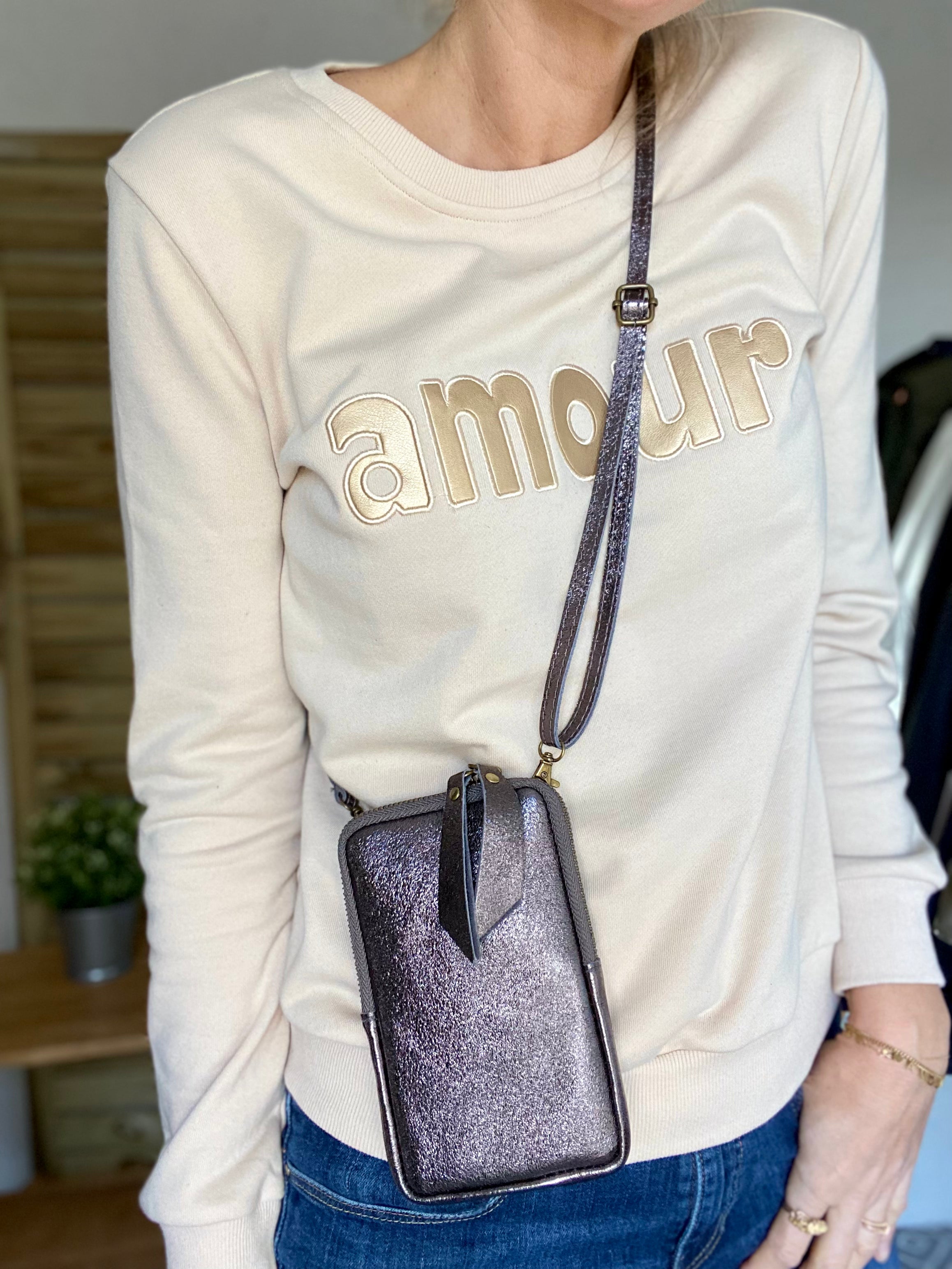 Pochette bandoulière pour téléphone en cuir irisé - STELLA - Argent