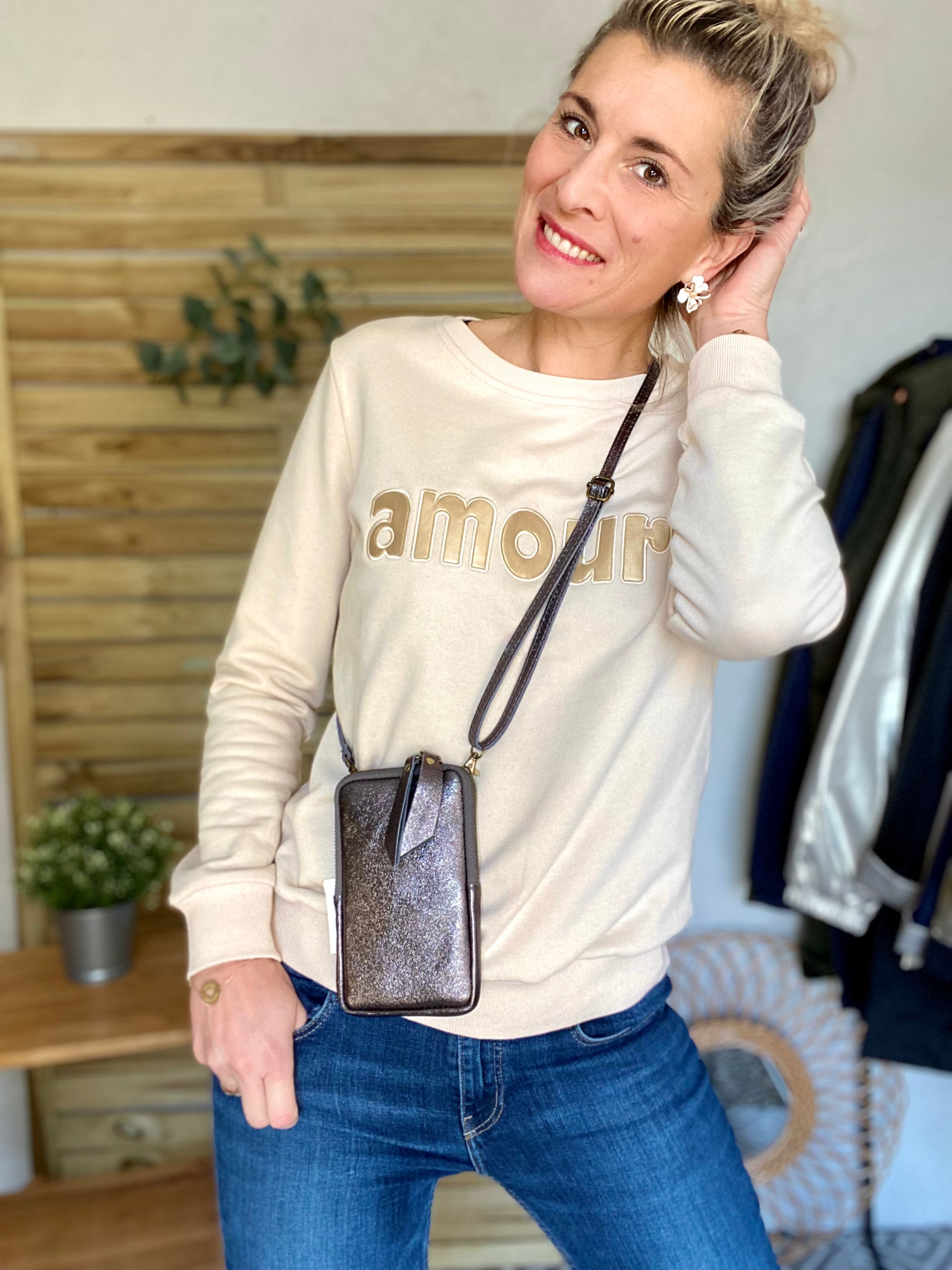 Pochette bandoulière pour téléphone en cuir irisé - STELLA - Argent