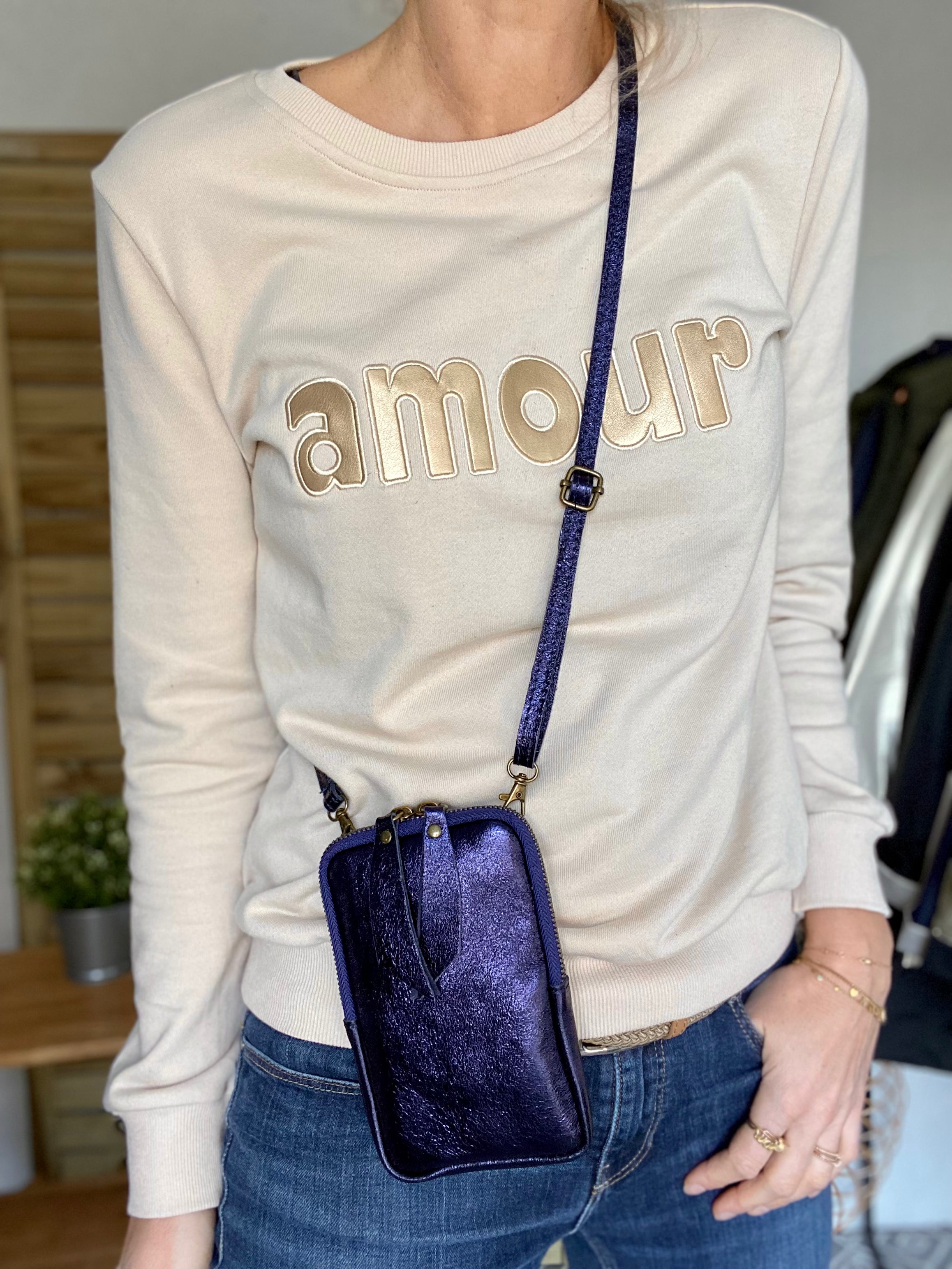Pochette bandoulière pour téléphone en cuir irisé - STELLA - Bleu marine